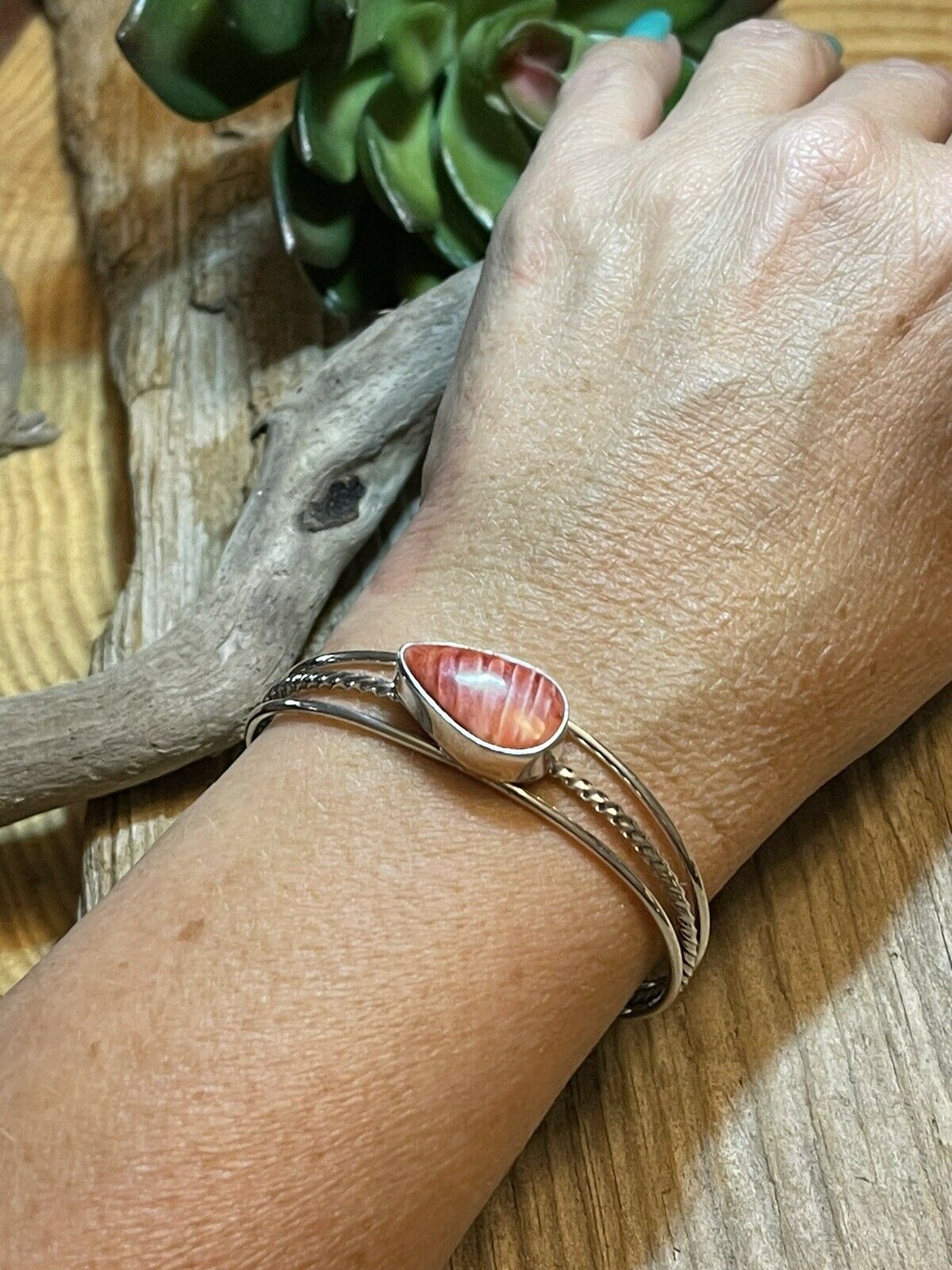 Handcrafted Teardrop Orange Spiny Sterling Silver Bracelet Rope Style Cuff