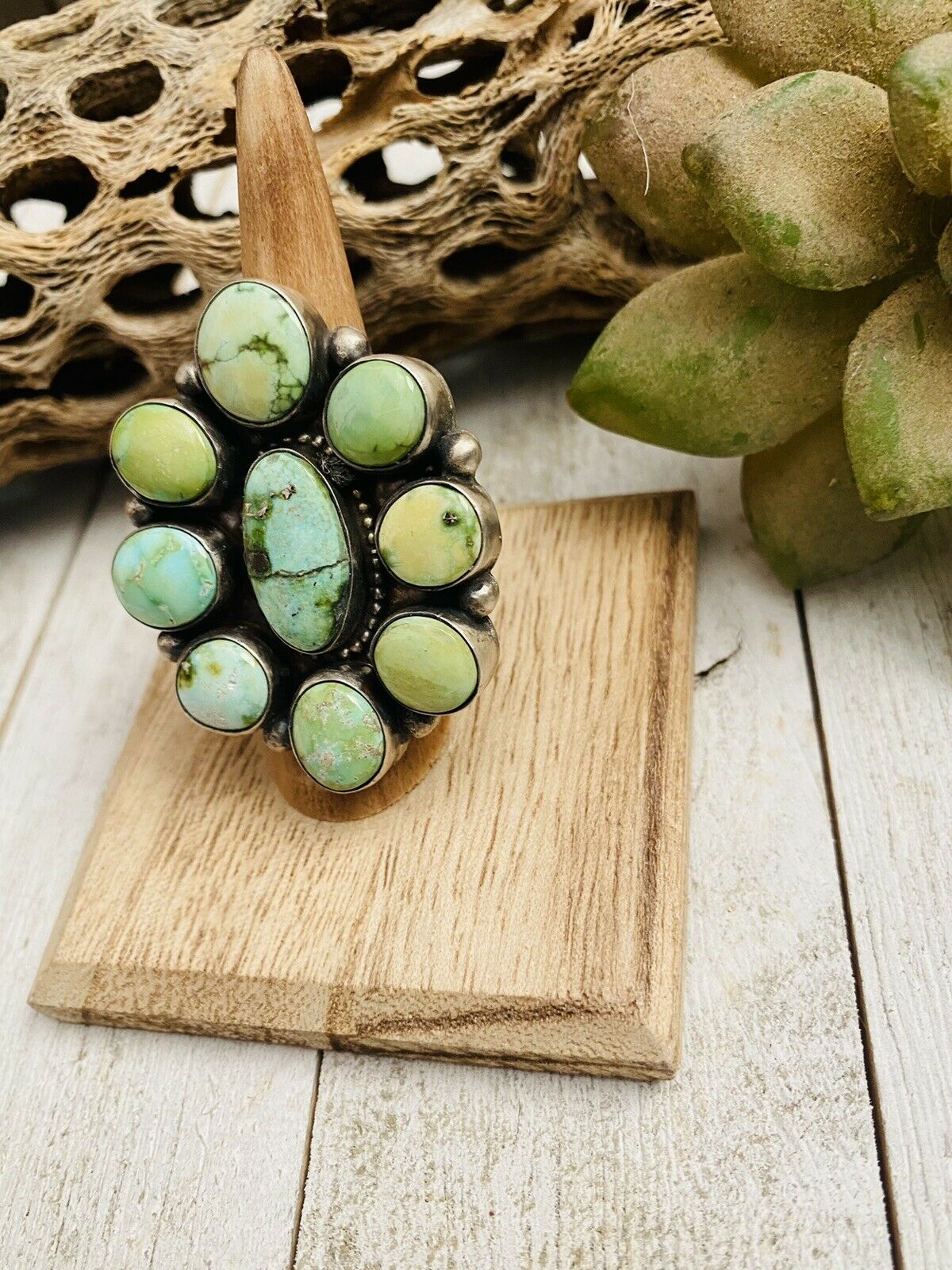 Handcrafted Sonoran Gold Turquoise & Sterling Silver Cluster Ring Size 7 Signed