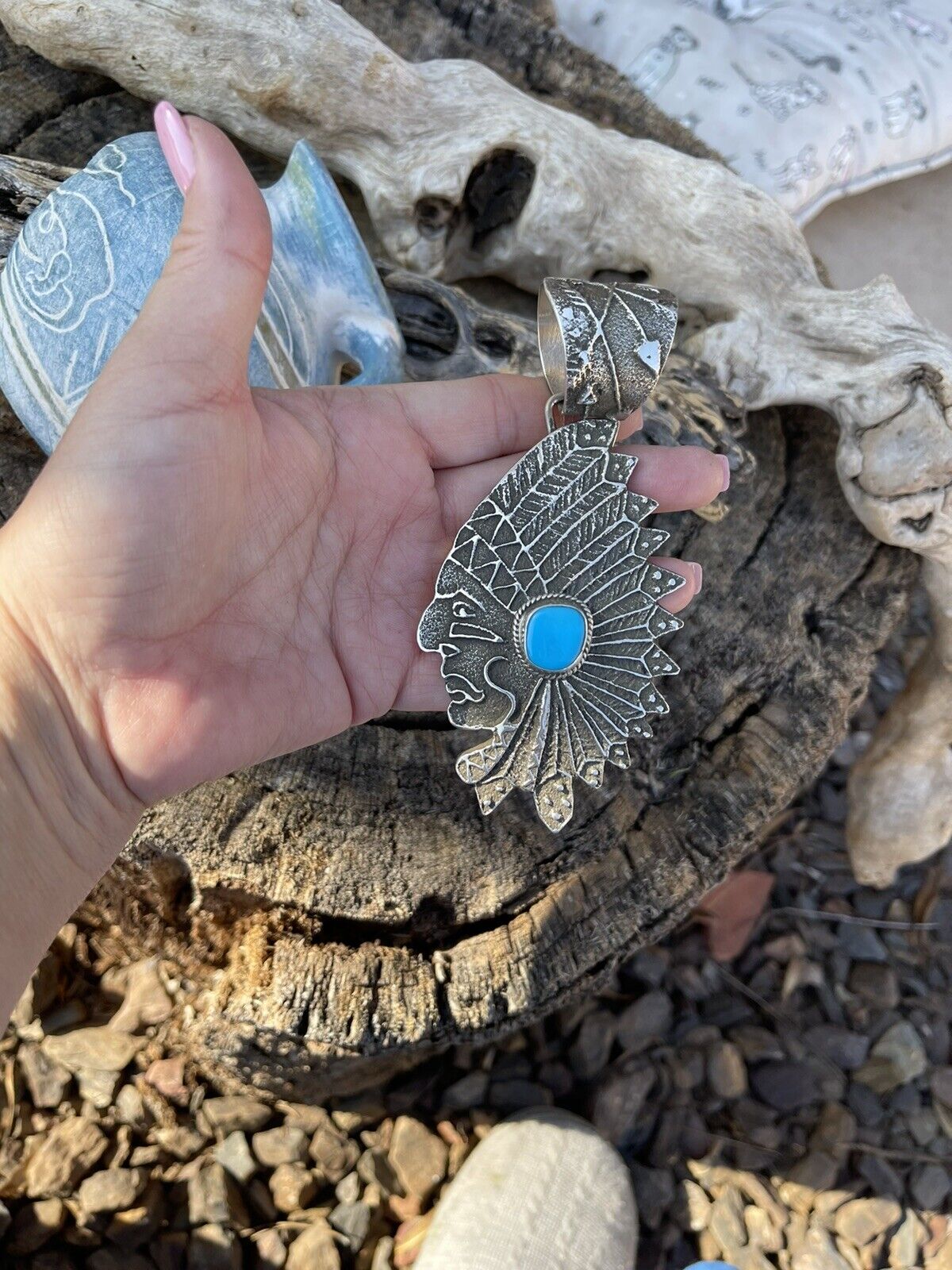 Handcrafted Sterling Silver & Kingman Turquoise Indian Chief Sand Cast Pendant Sign