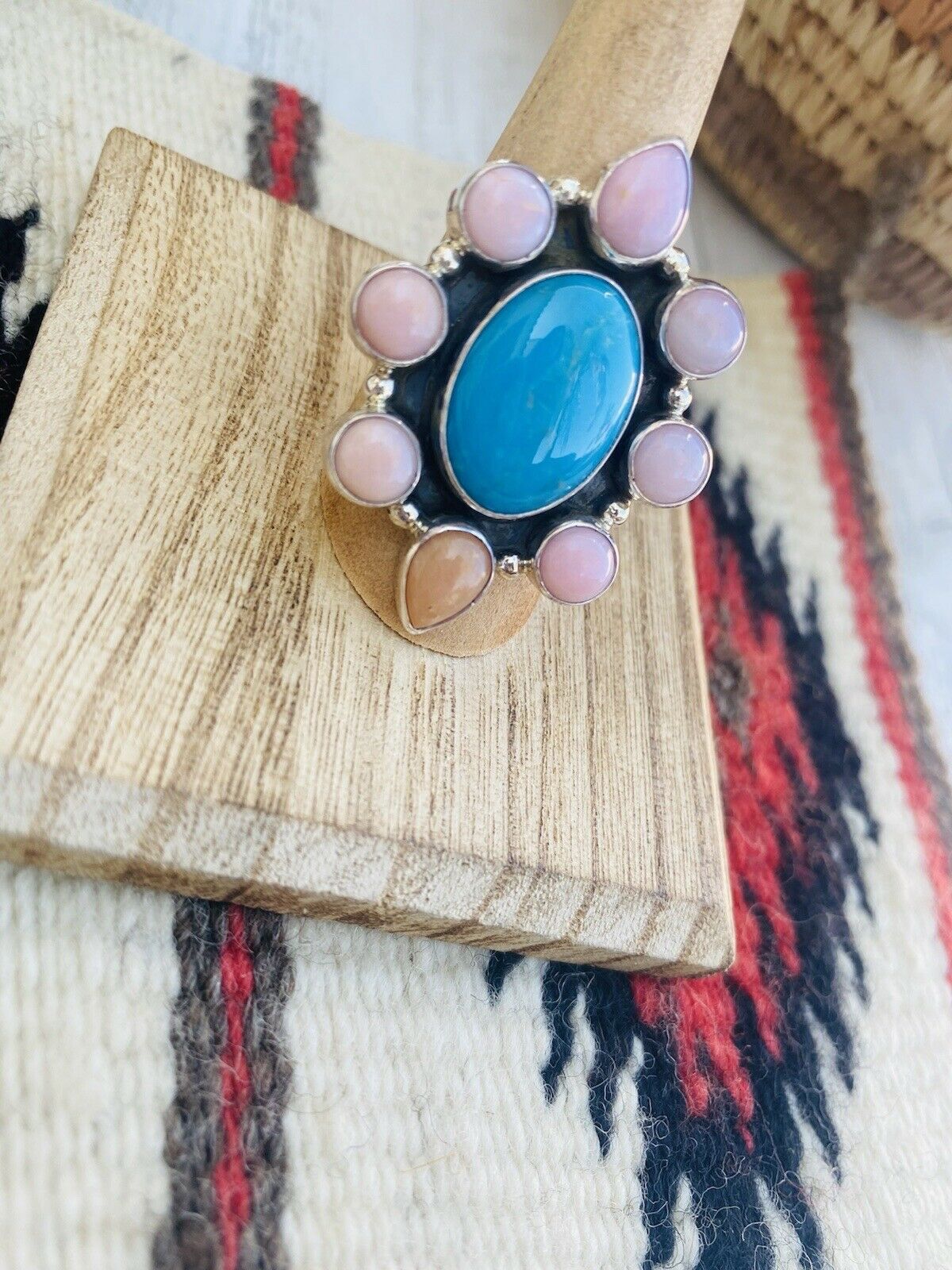 Handcrafted Rhodochrosite, Turquoise & Sterling Silver Cluster Ring Size 8.5