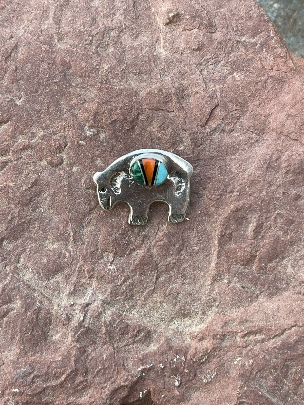 Handcrafted Sterling Silver Multi Stone Buffalo Pendant Pin Signed