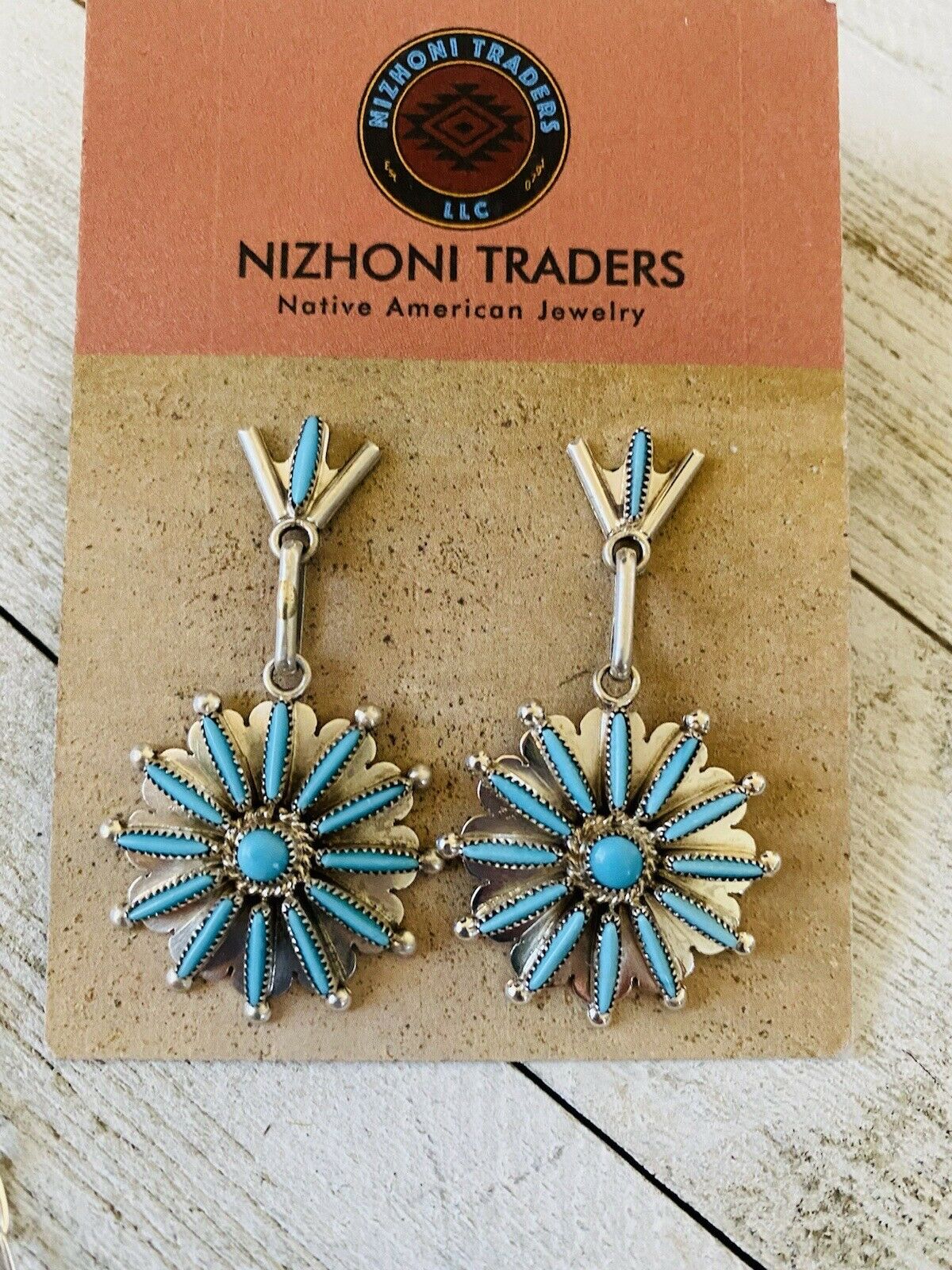 Zuni Sterling Silver & Turquoise Needlepoint Necklace & Earring Set Signed