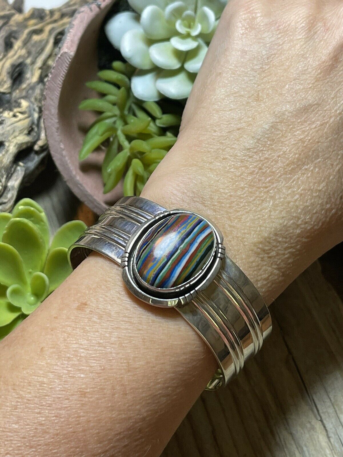 Handcrafted Sterling Silver & Rainbow Stone Signed Cuff Bracelet