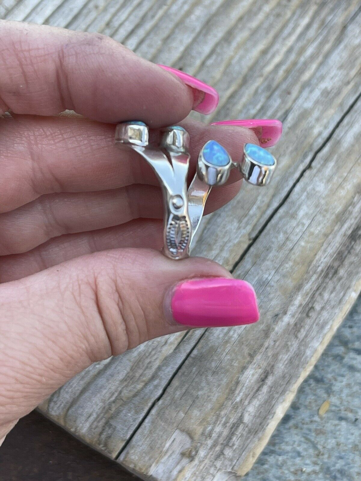 Handcrafted Sterling Silver Bright Blue Opal Adjustable 4 Stone Ring