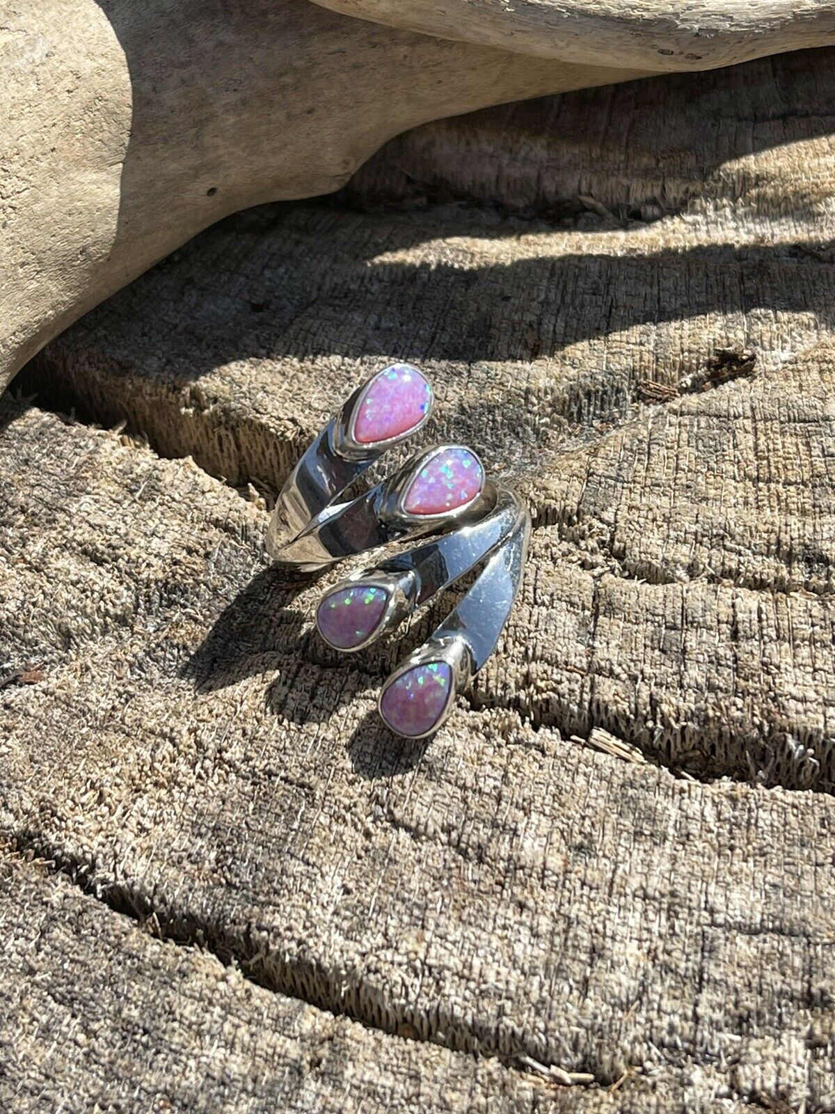 Handcrafted Sterling Silver Pink/ Purple Opal Adjustable 4 Stone Ring