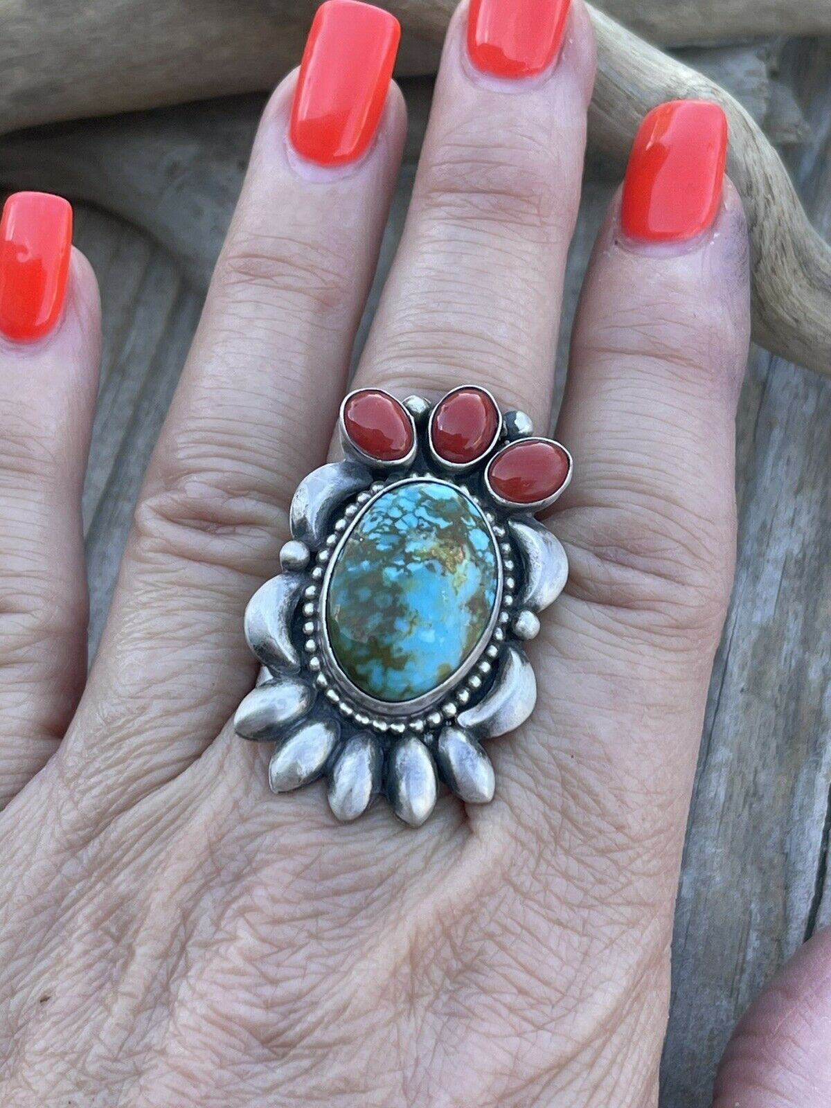 Navajo Sterling Kingman Web Turquoise & Red Coral Taos Collection Ring by Danny Clark, Sz 6.5