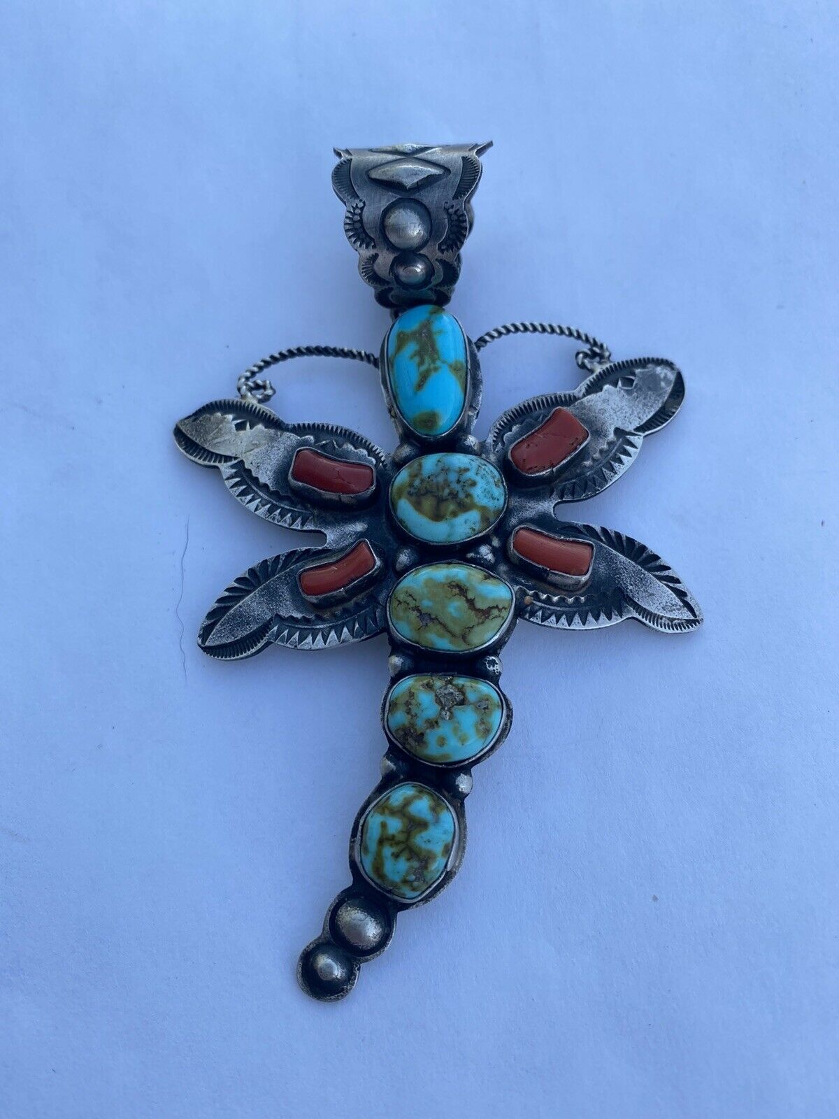 Handcrafted Shawn Cayatenito Sterling Silver Kingman Turquoise & Coral Dragonfly Pendant