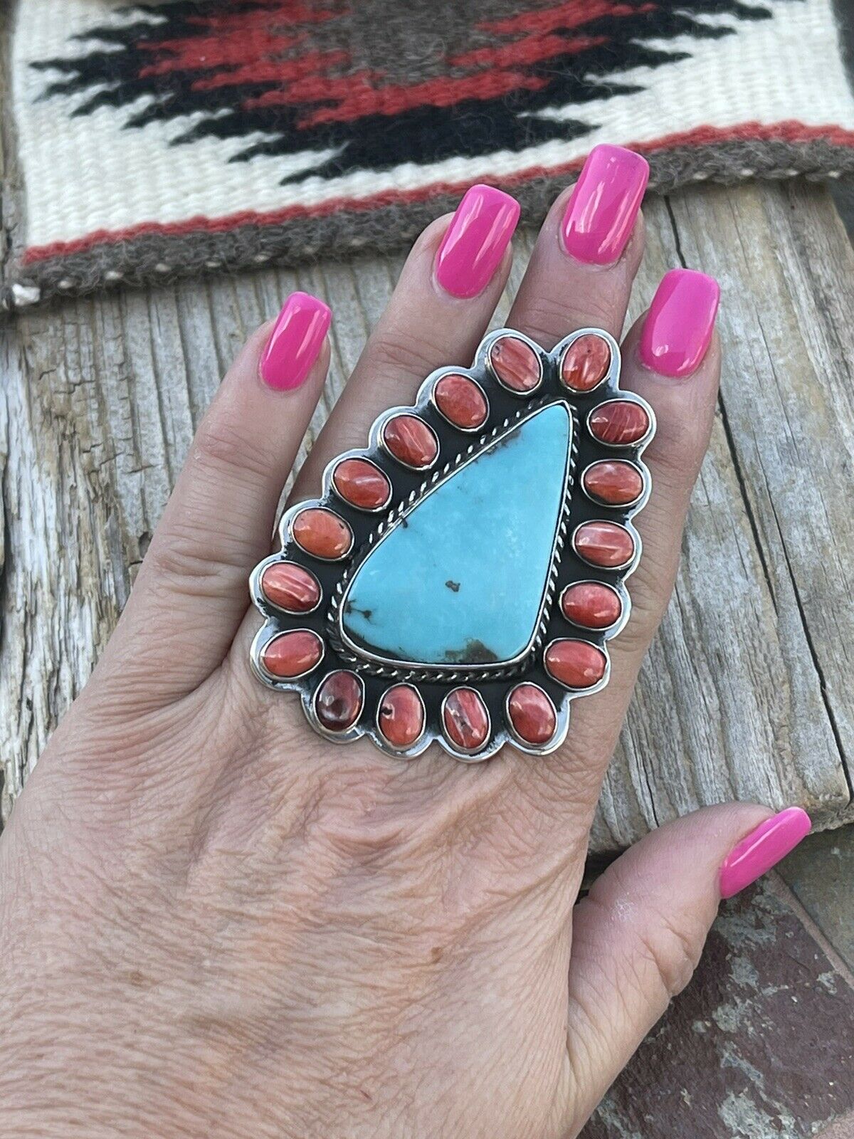 Handcrafted Cluster Fox Turquoise Spiny Sterling Silver Ring Sz Is Adjustable