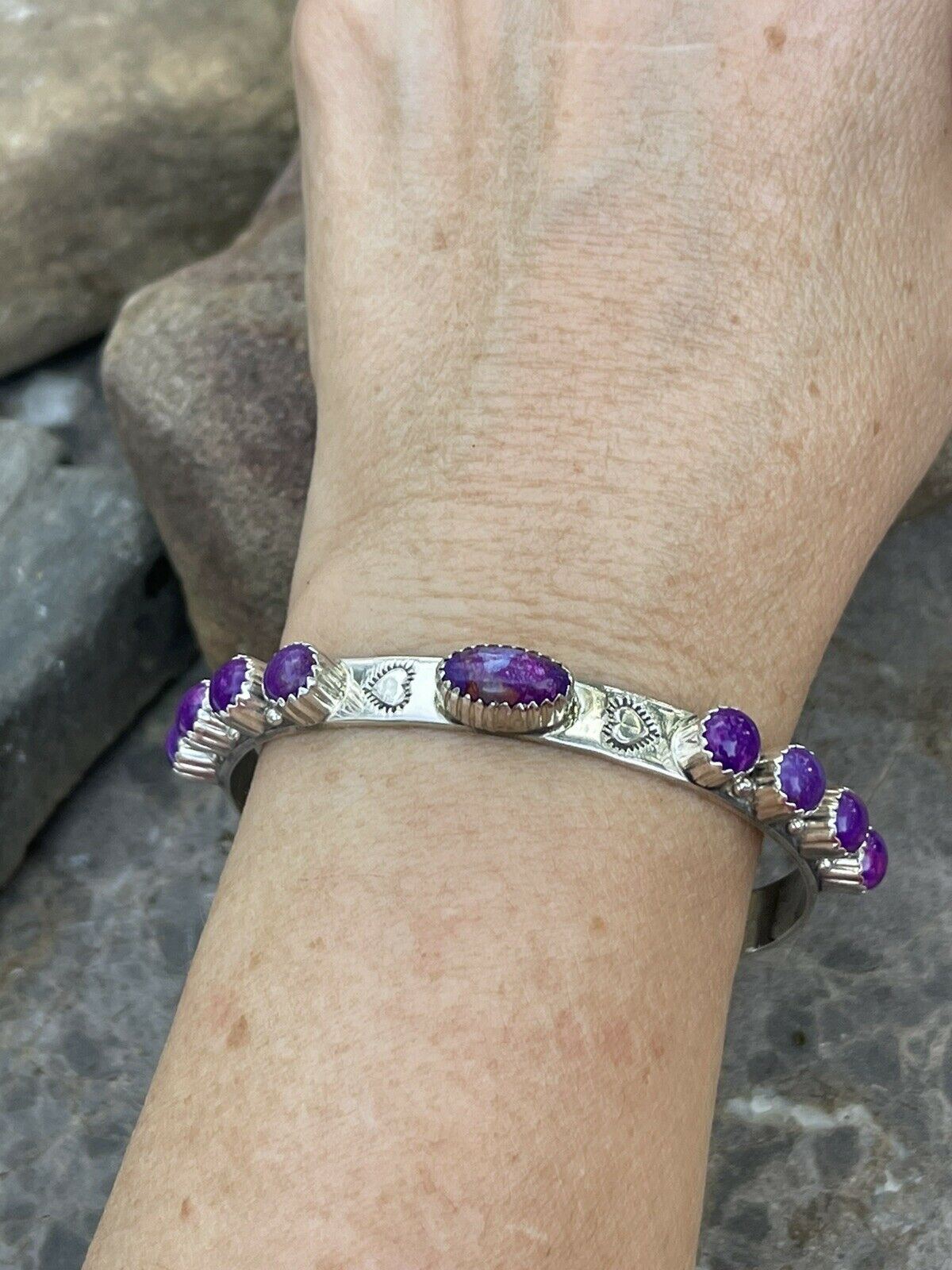 Handcrafted Purple Spiny Sterling Silver Heart Cuff Bracelet Stamped G. Boyd