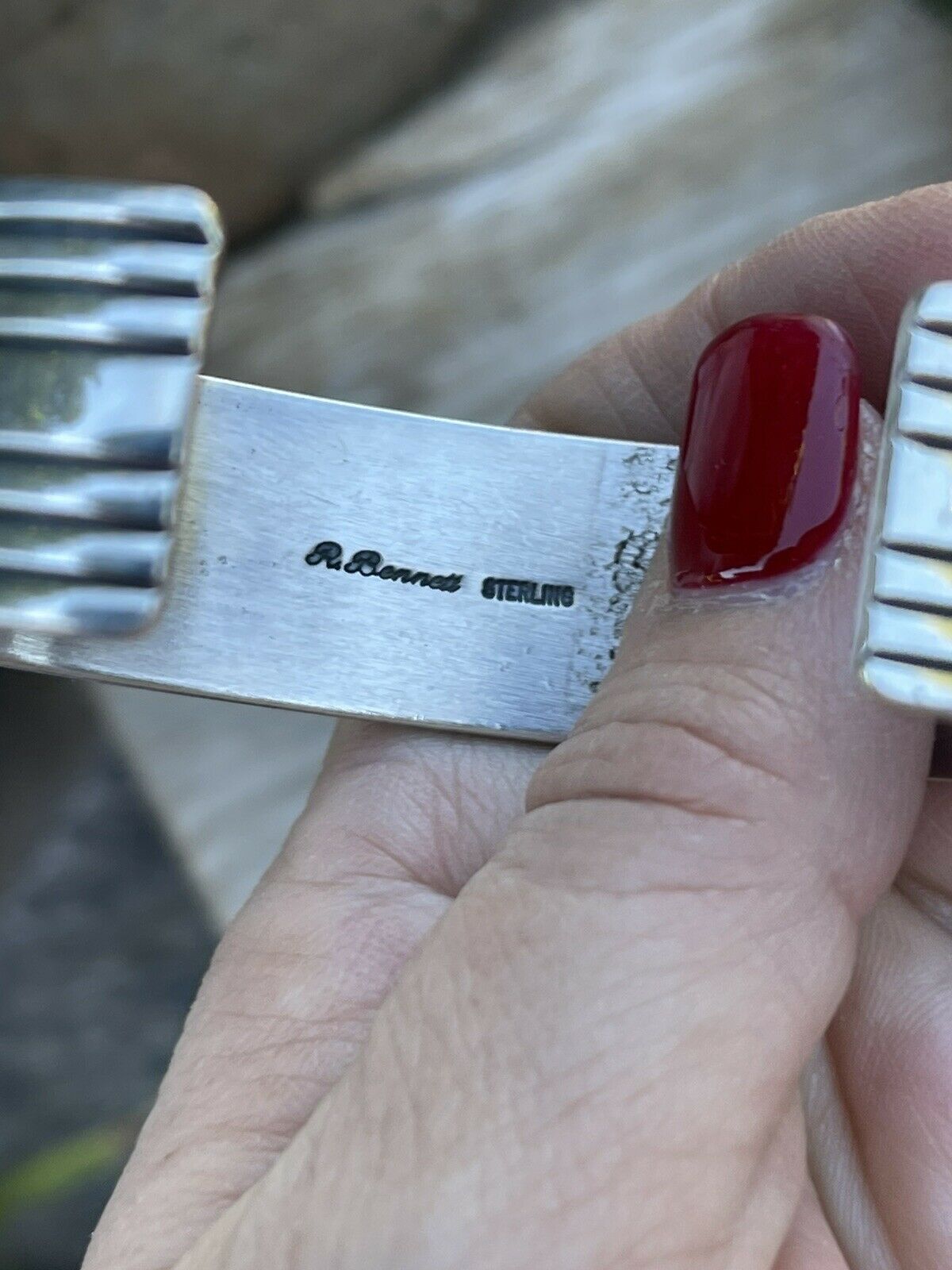 Handcrafted Sterling & Kingman Turquoise Stacker Cuff Bracelet Artist R. Bennett /