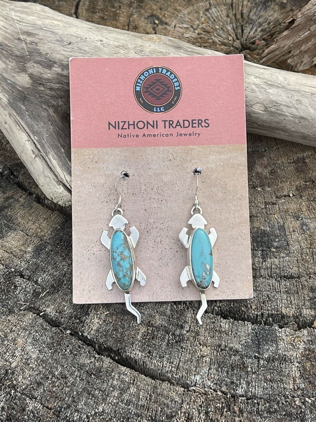 Handcrafted Sterling Silver Turquoise Stone Gecko Dangle Earrings Signed