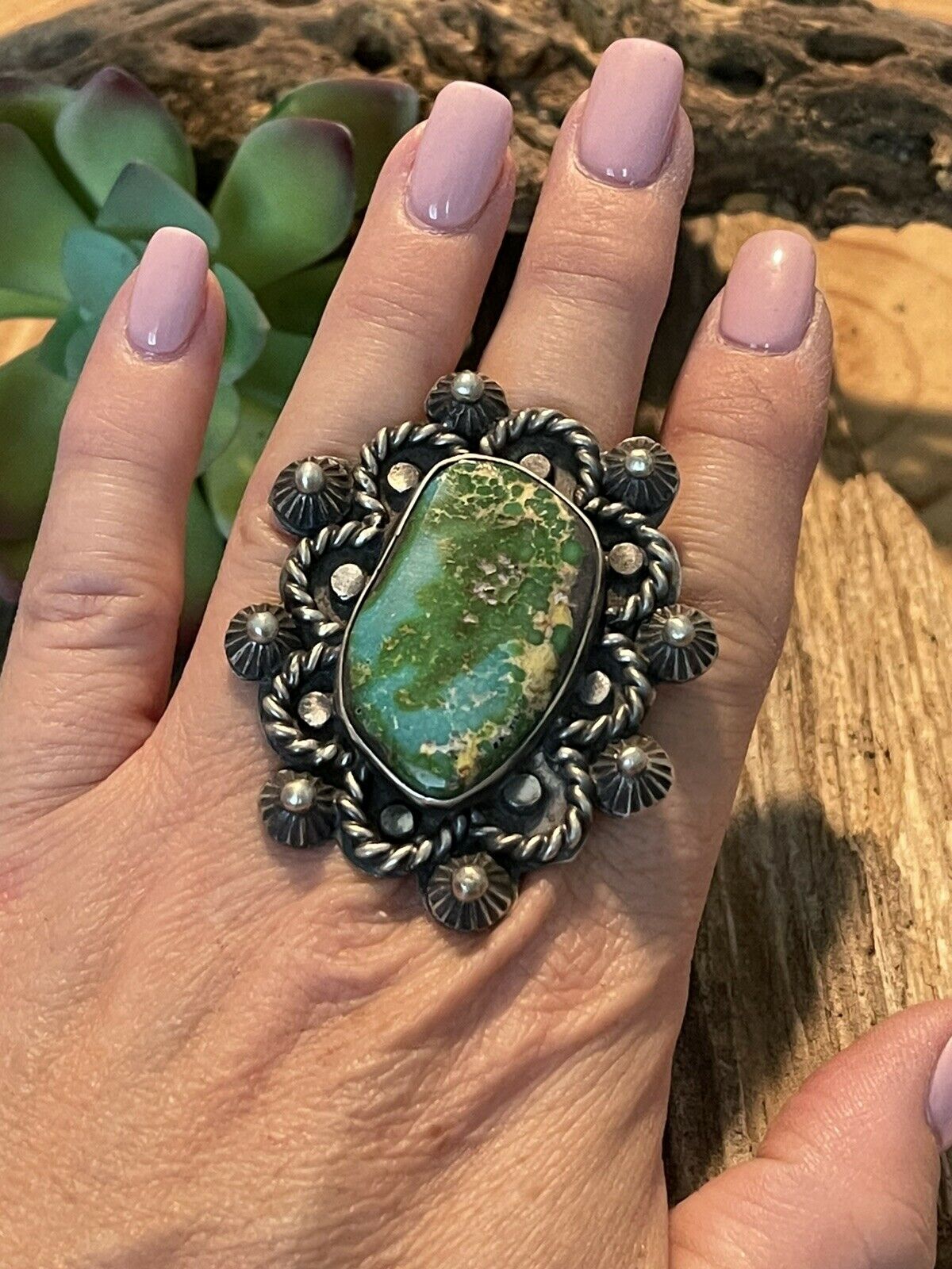 Handcrafted Stunning Natural Royston Turquoise & Sterling Ring Size 7.