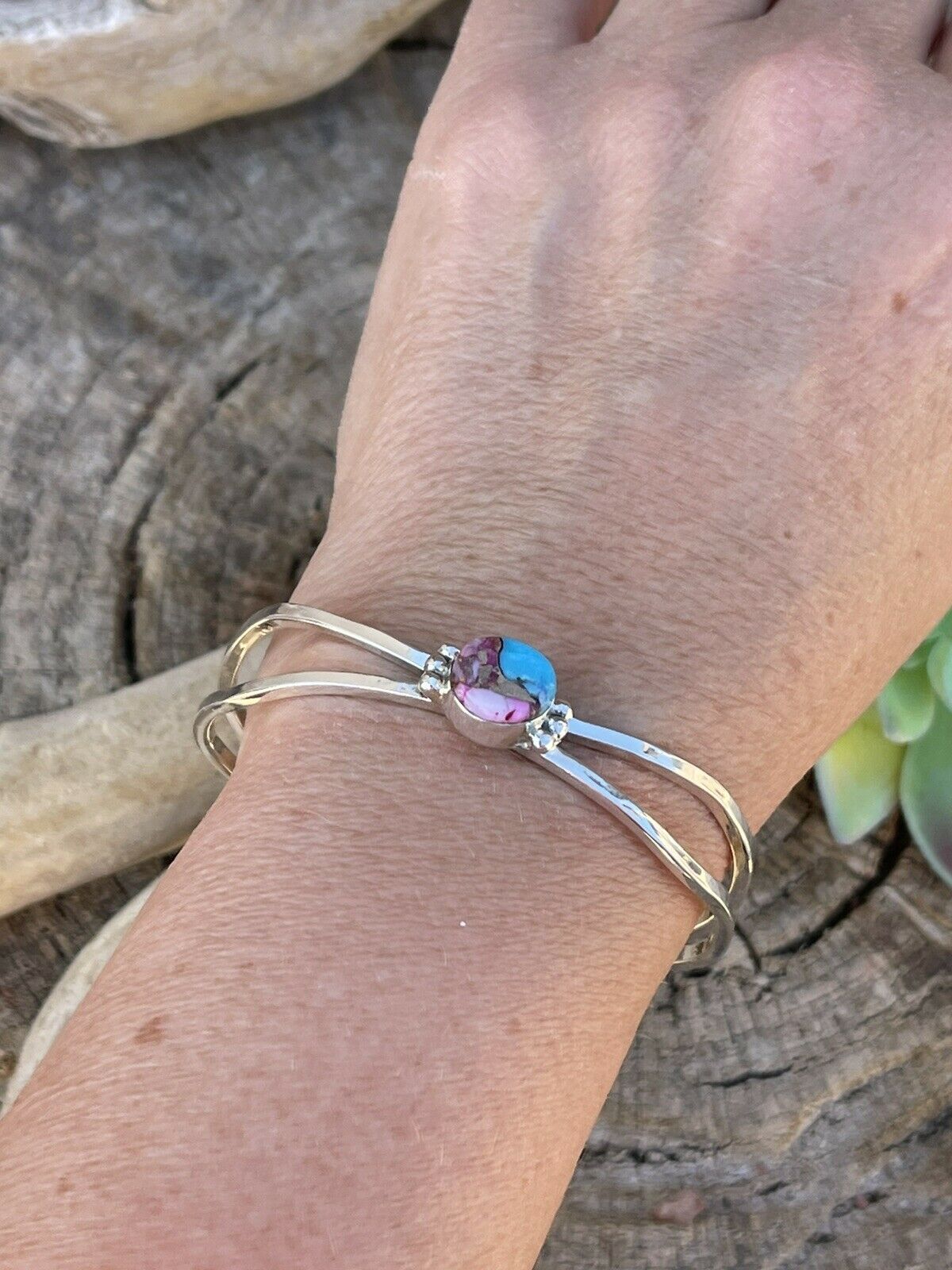 Handcrafted Pink Dream Mohave Sterling Silver Cuff Stacker Bracelet Signed