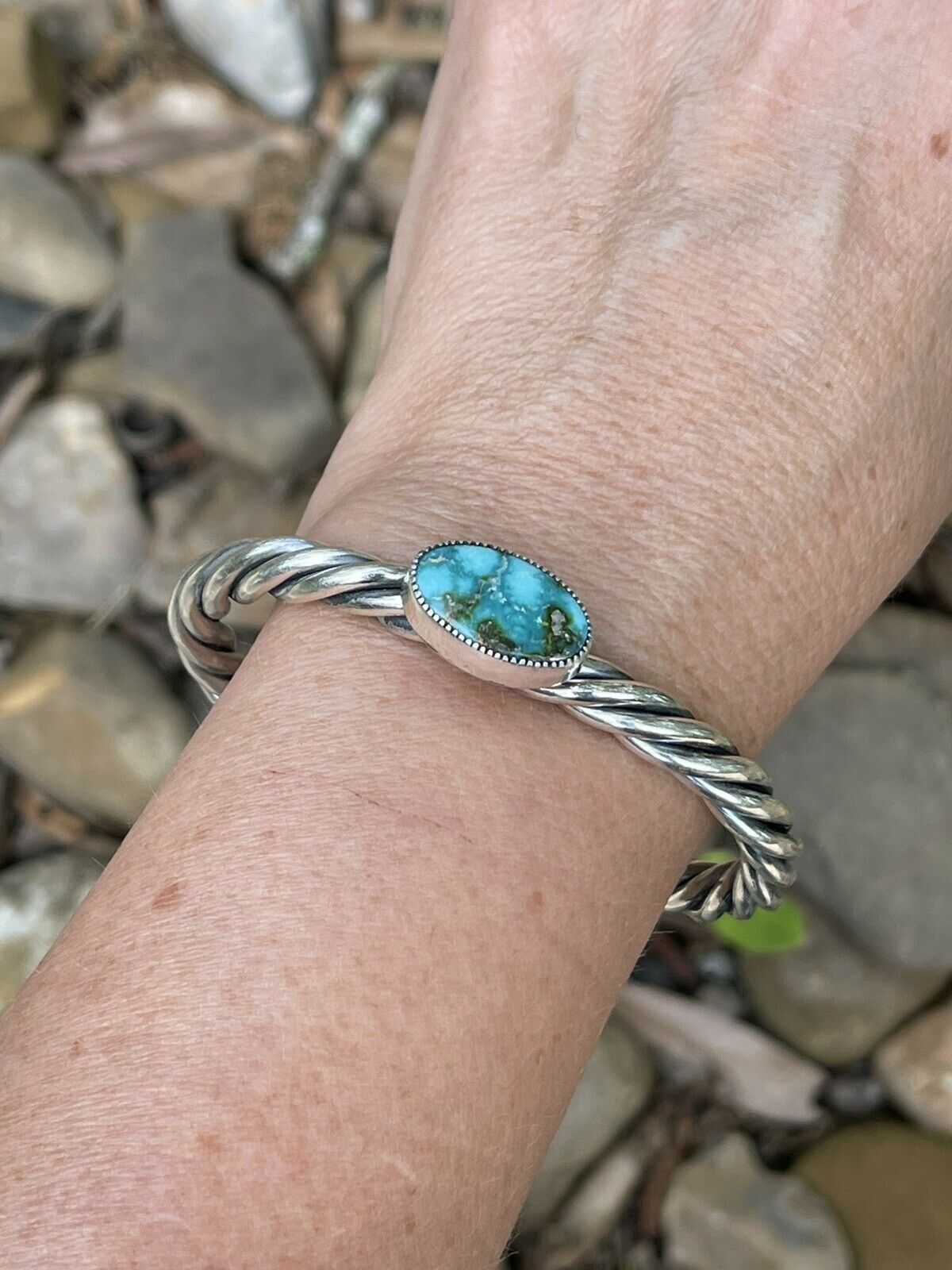 Handcrafted Sterling Sonoran Mountain Turquoise Rope Style Bracelet Cuff