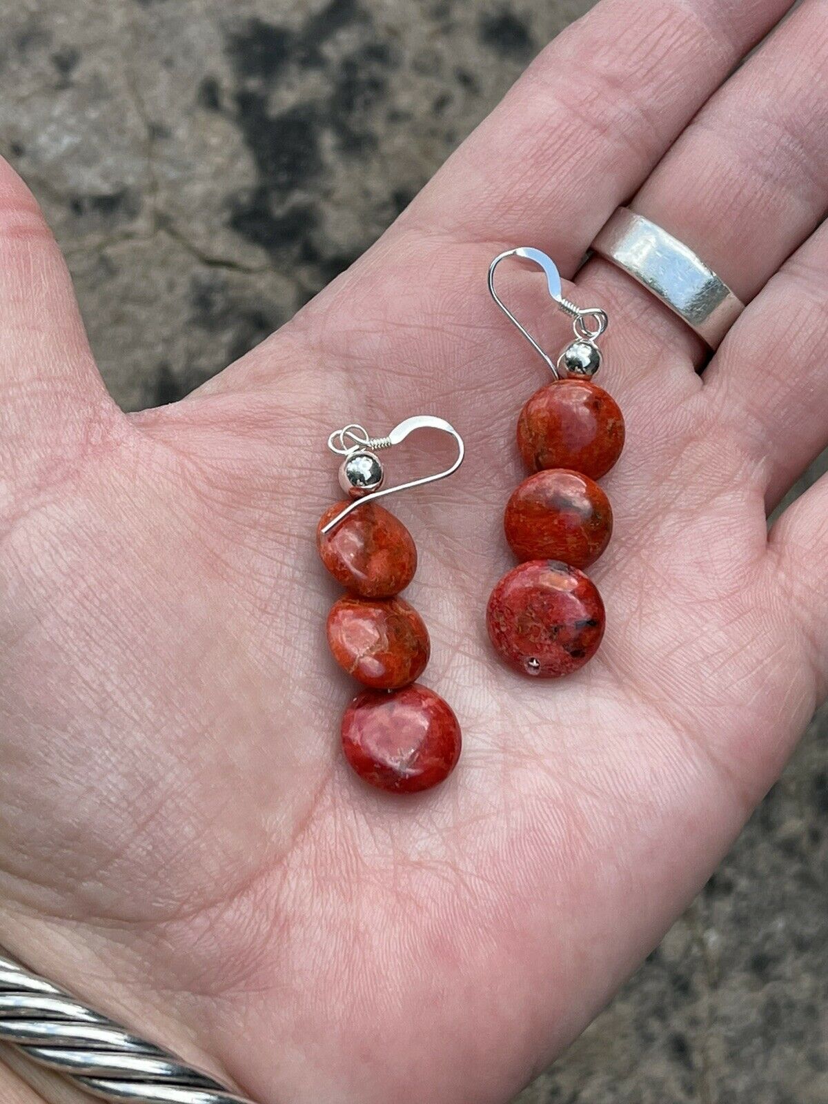 Handcrafted Sterling Silver Apple Coral 3 Bead Dangle Earrings