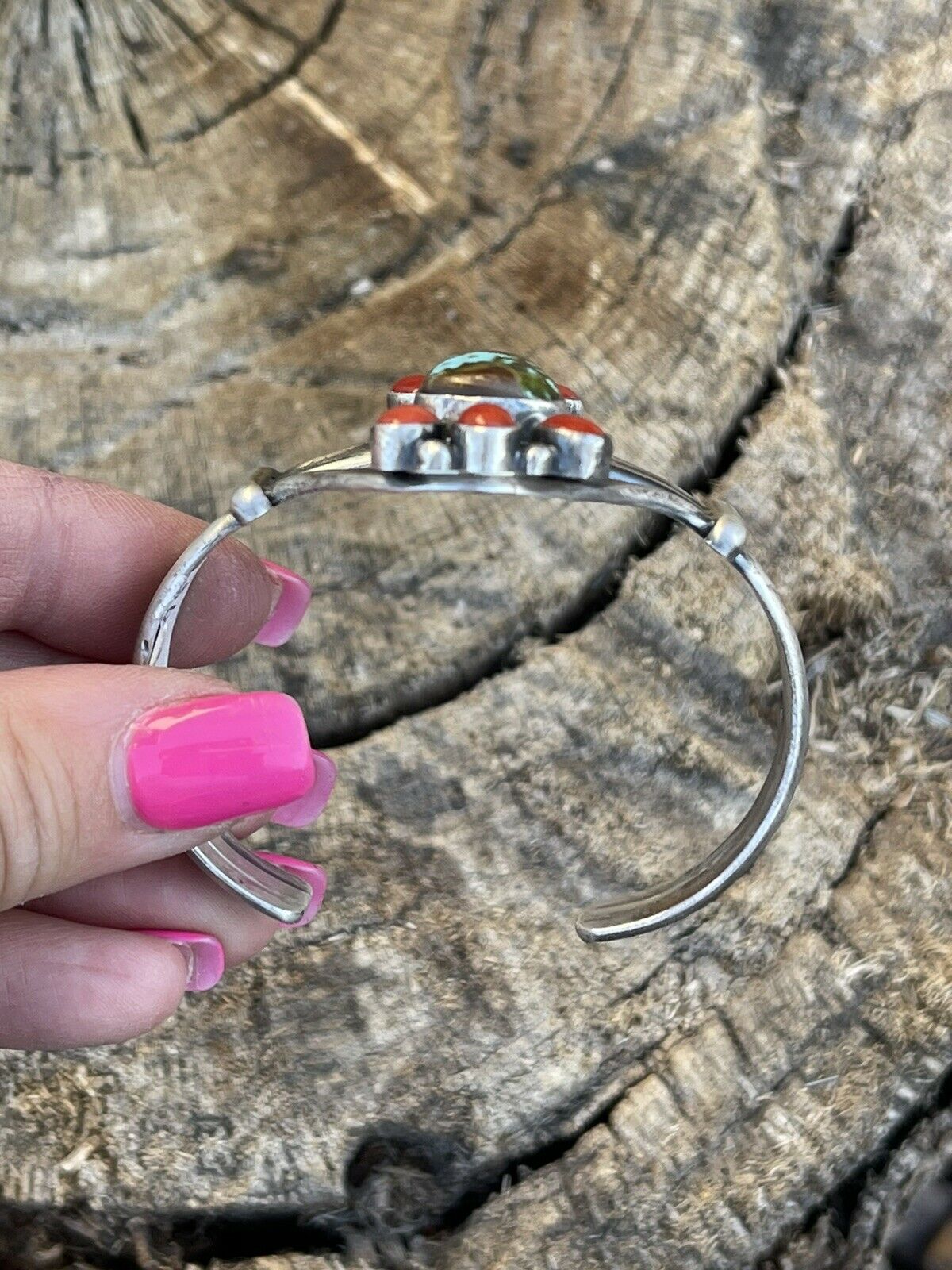 Navajo Sterling Kingman Web Turquoise & Red Coral Taos Bracelet Cuff by Bobby Johnson /