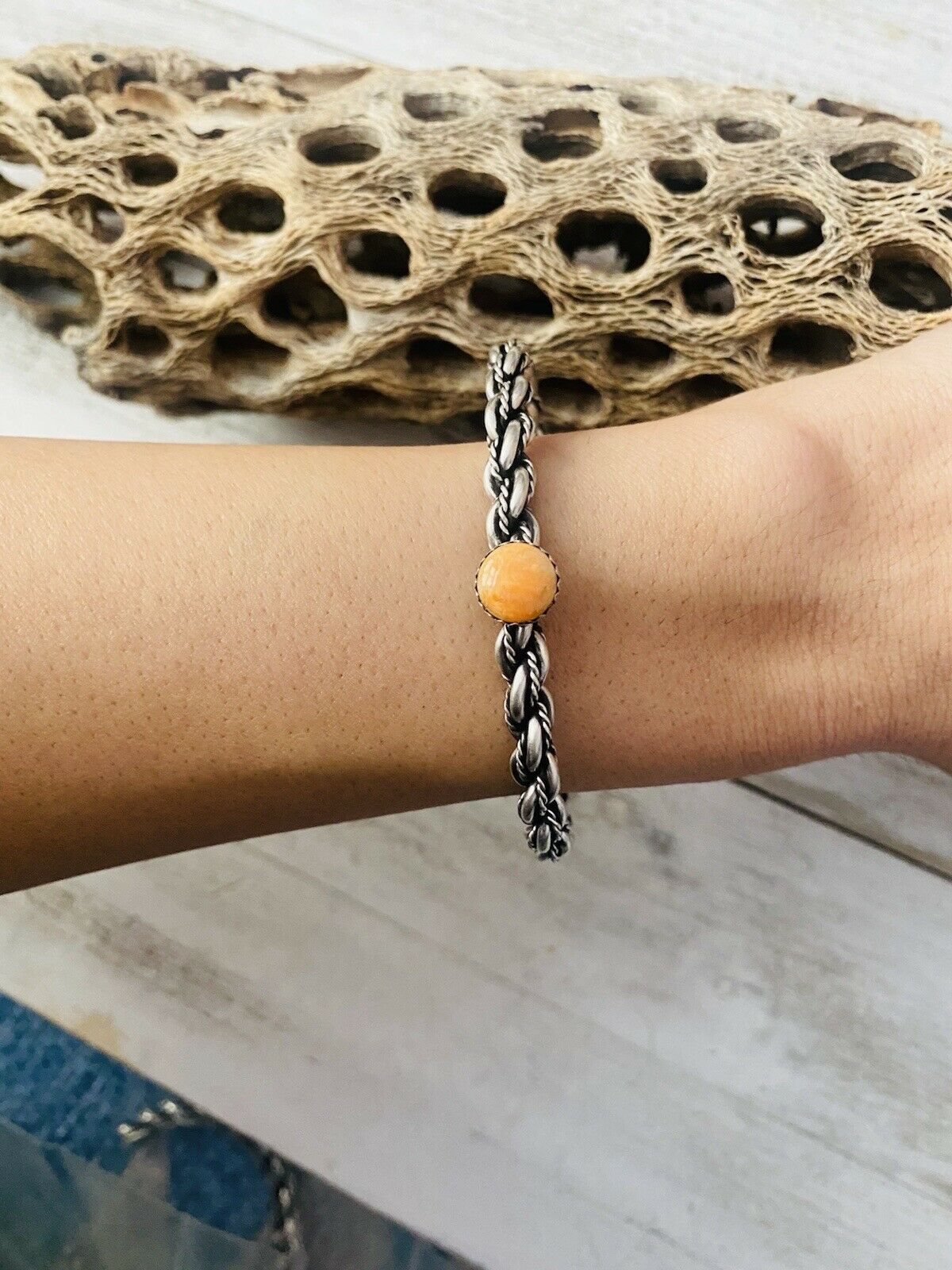 Handcrafted Sterling Cuff & Orange Spiny Twisted Cuff Bracelet