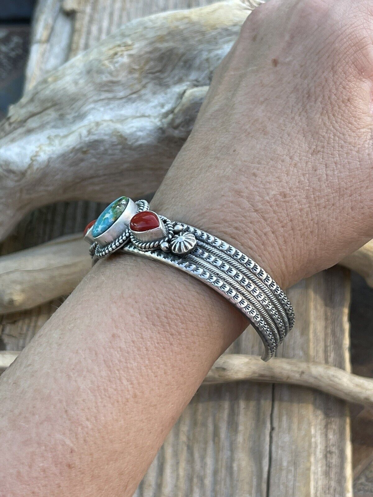 Navajo Sterling Silver Red Coral & Turquoise Bracelet Signed M & R Calladitto /