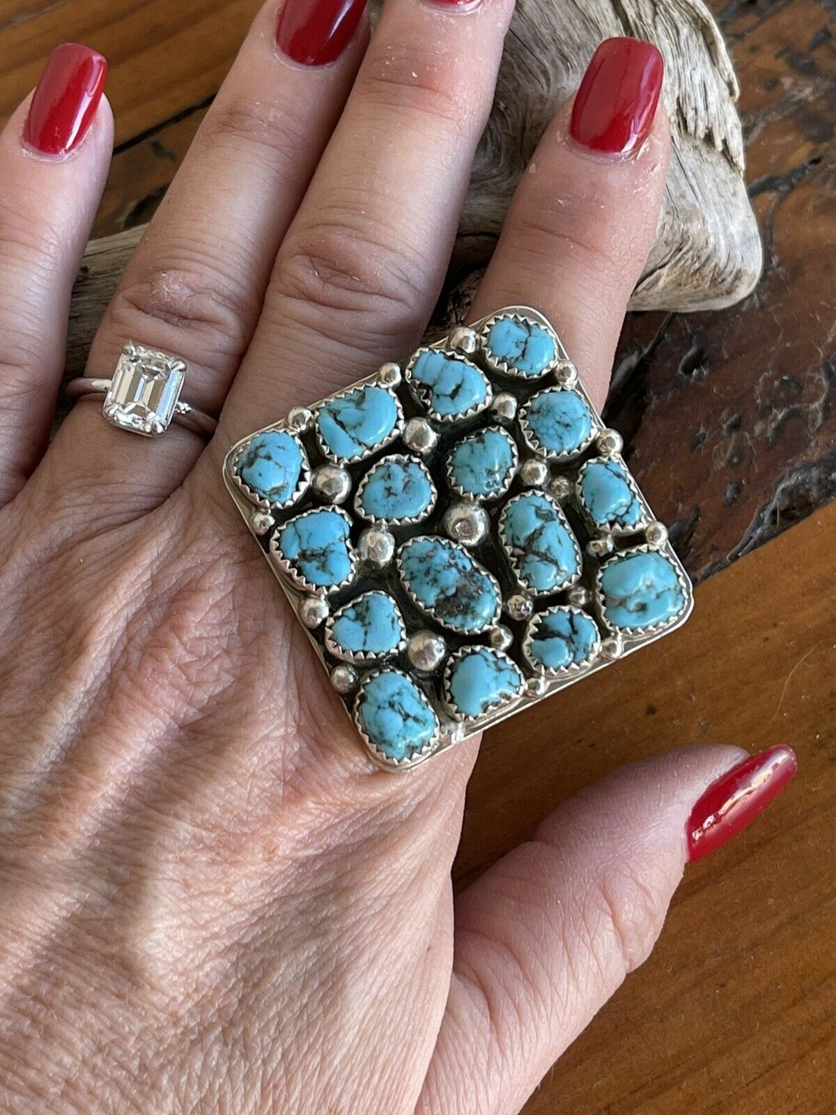 Handcrafted Sterling Silver Square Platform Kingman Turquoise Wide Band Ring Sz 9