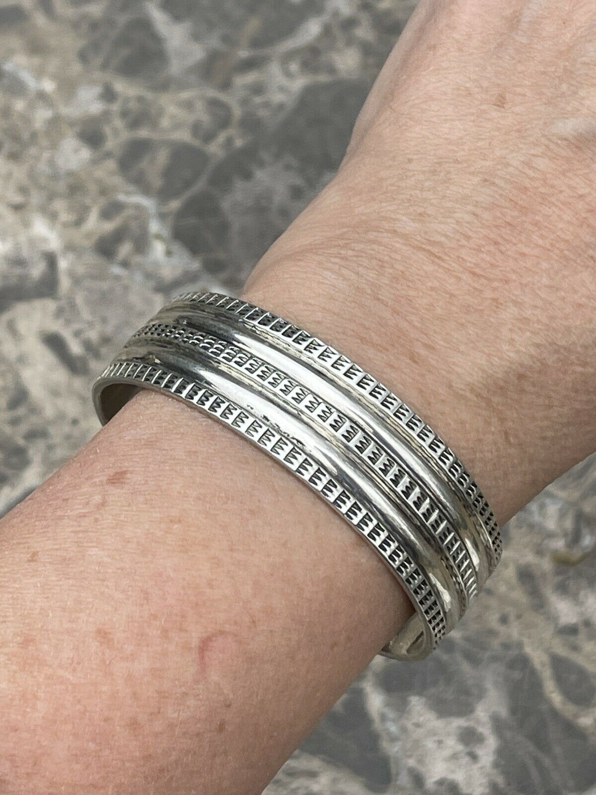 Handcrafted Sterling Silver Tribal Style Hand Stamped Bracelet Cuff Signed