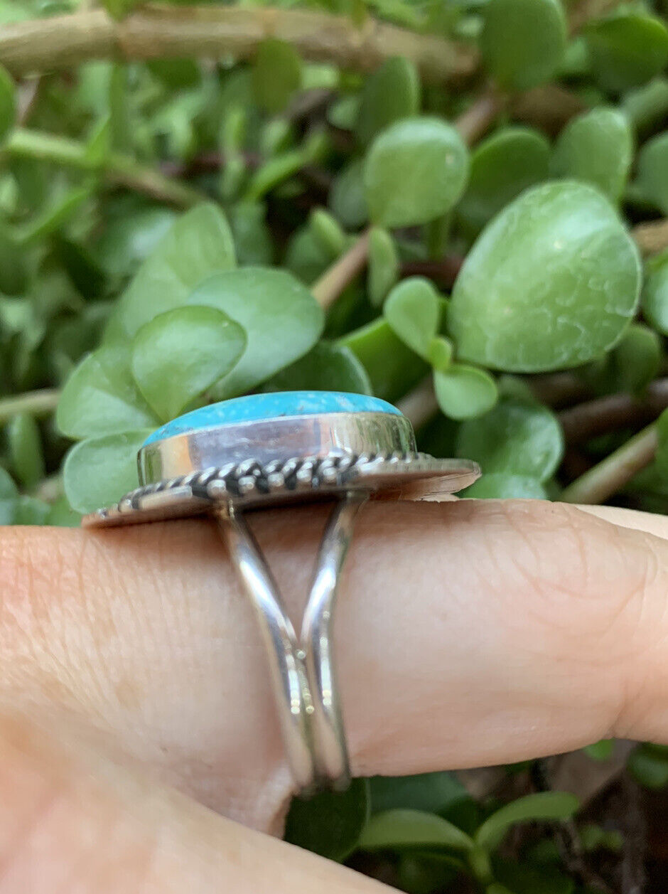 Handcrafted Kingman Turquoise Stamped Sterling Silver Signed Statement Ring