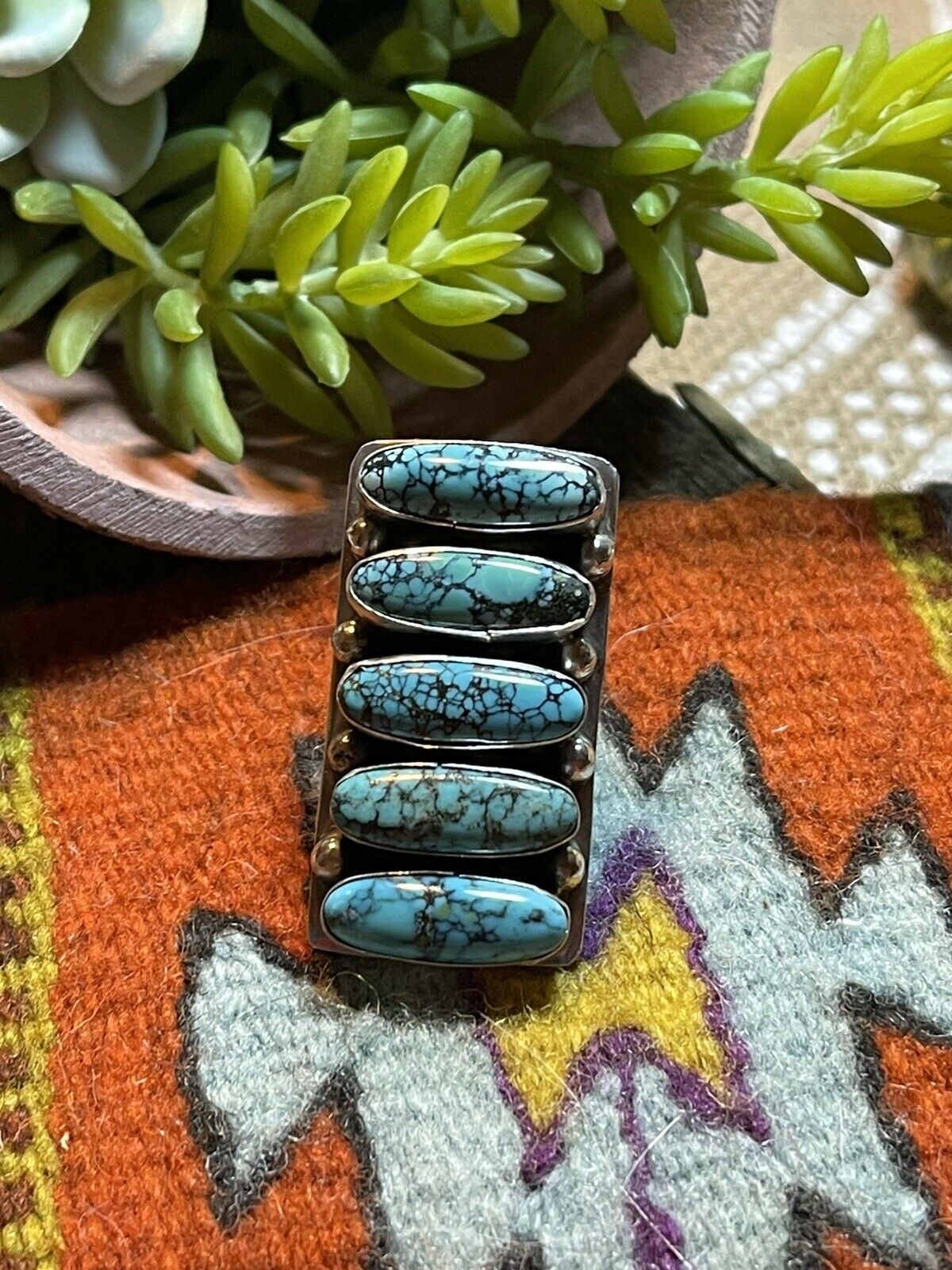 Handcrafted Blue Oval Turquoise & Sterling Silver Ring Sz 7 Signed