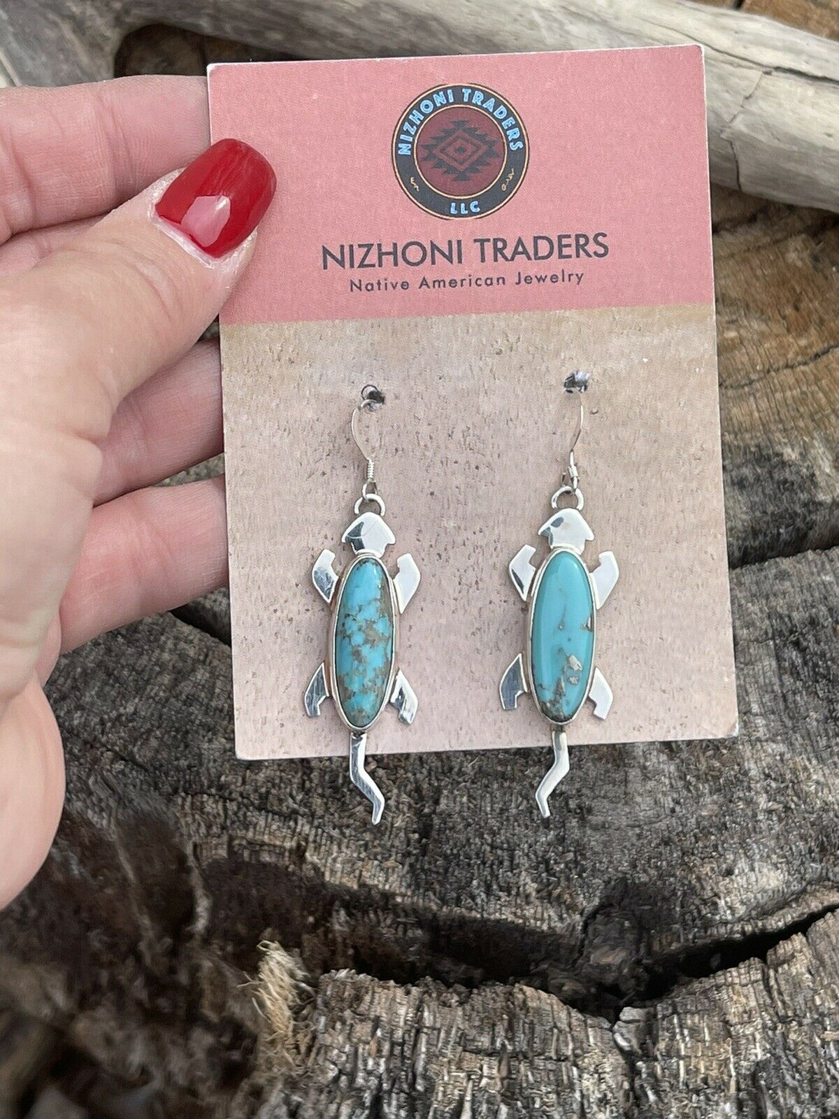 Handcrafted Sterling Silver Turquoise Stone Gecko Dangle Earrings Signed
