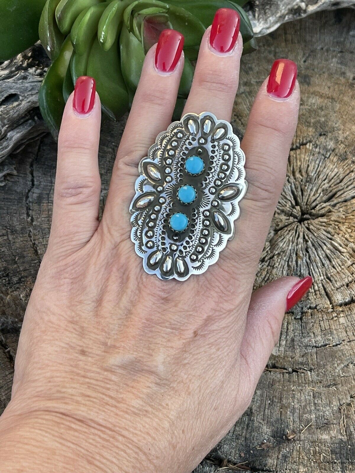 Handcrafted 3 Stone Turquoise & Sterling Silver Concho Ring Adjustable Signed L.Tahe