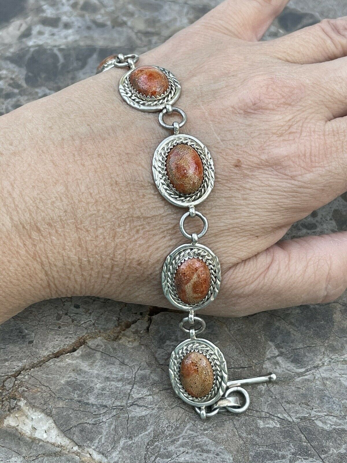 Handcrafted Rust Jasper & Sterling Silver Link Oval Southwest Bracelet
