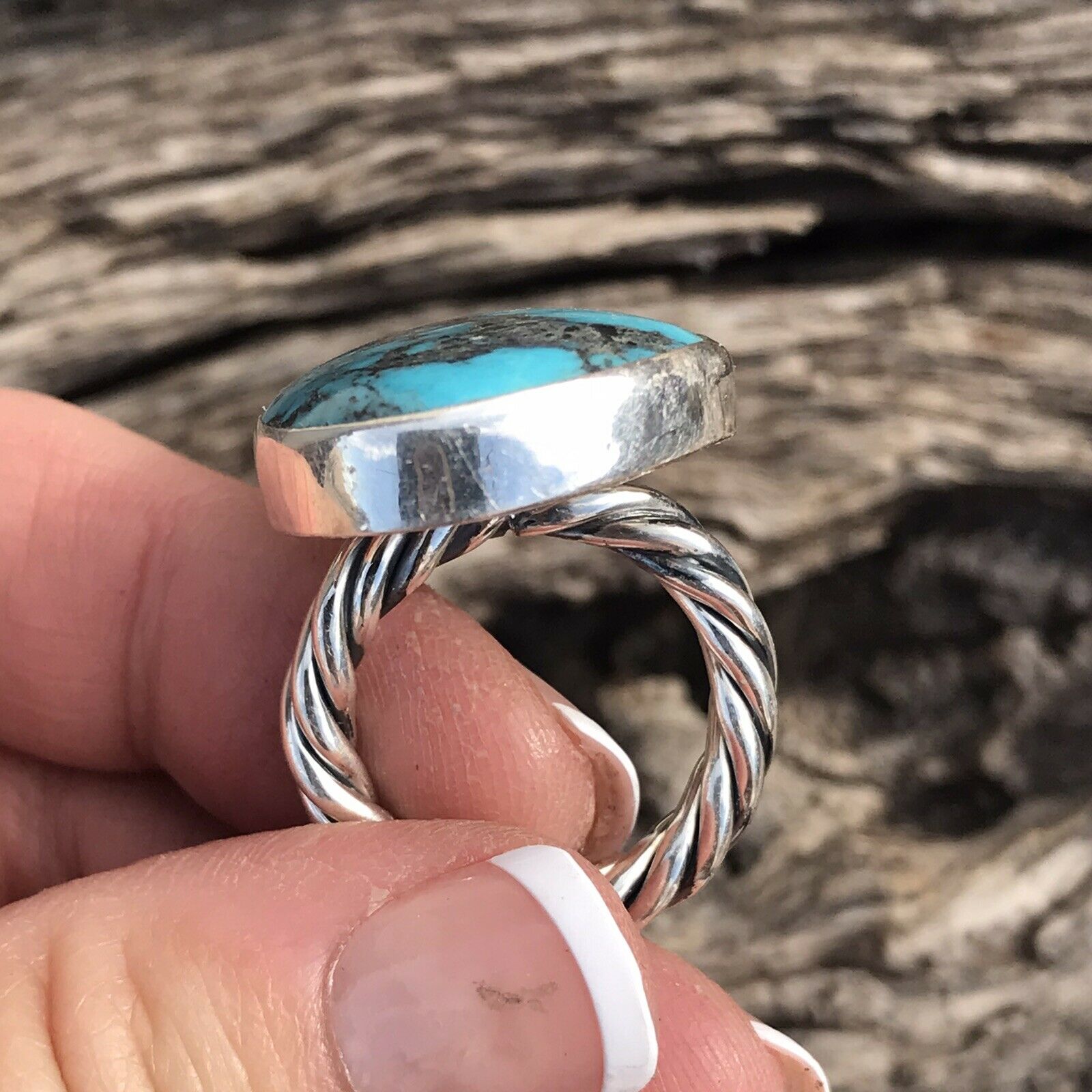 Handcrafted Stunning Rope Style Turquoise & Sterling Silver Ring Size 6