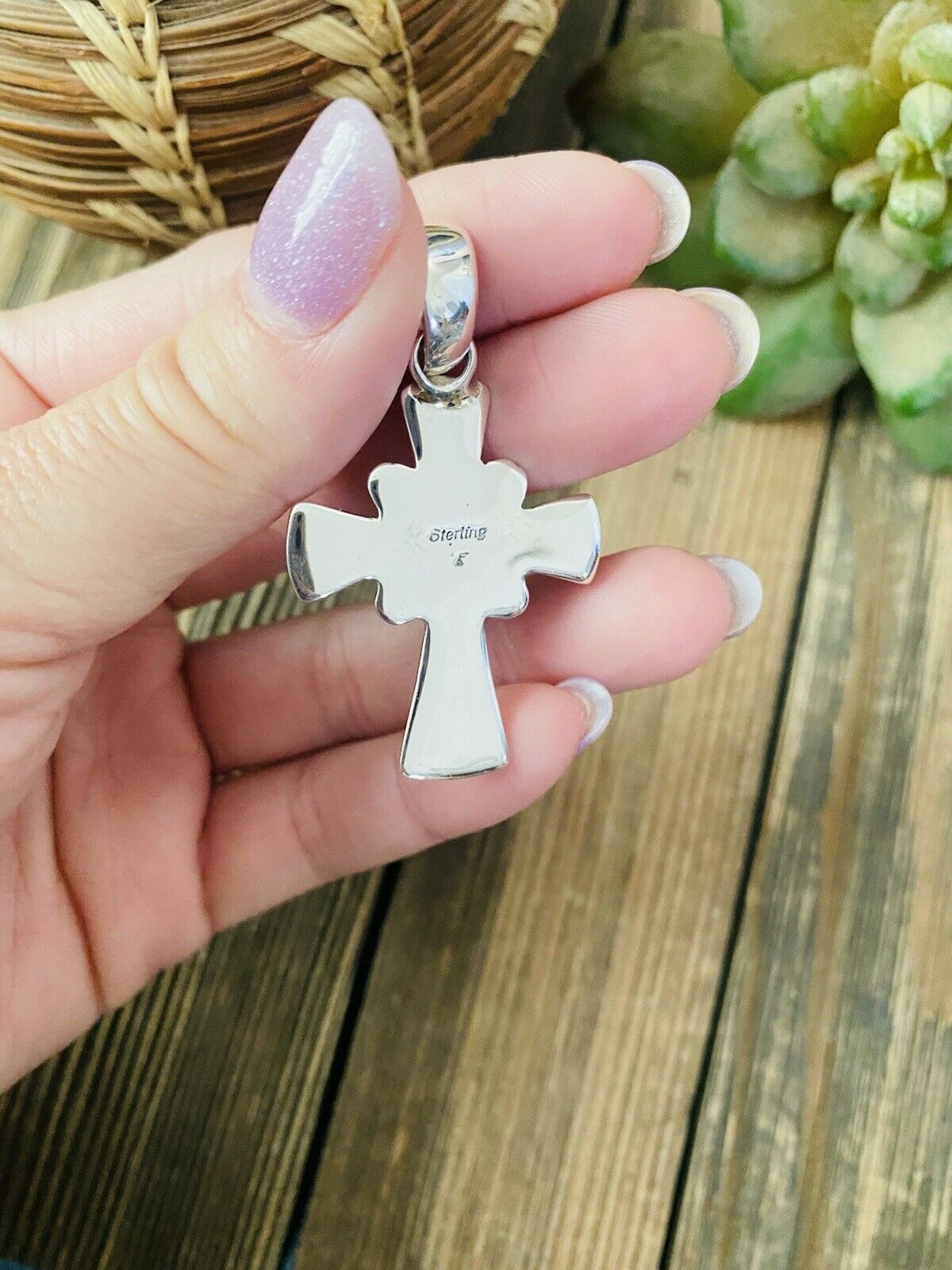 Handcrafted Sterling Silver & Turquoise Cross Pendant Signed