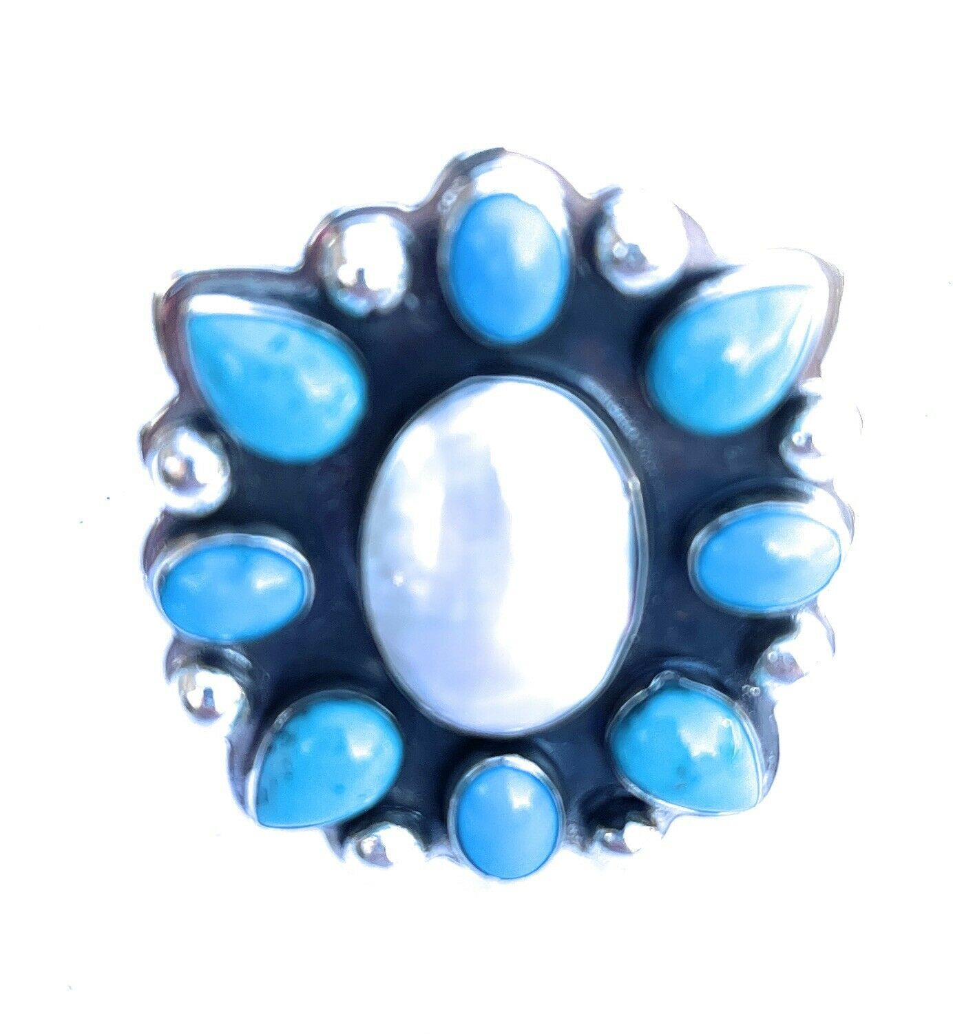 Handcrafted Cluster Turquoise & Mother Of Pearl Sterling Silver Ring Sz Is Adjustable