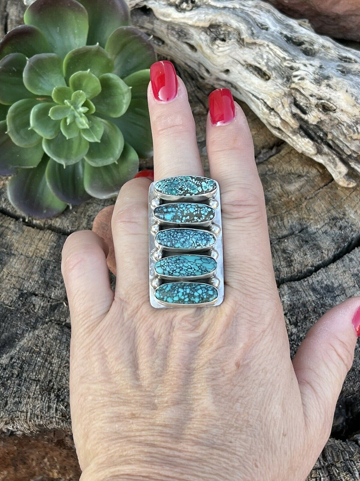 Handcrafted Blue Oval Turquoise & Sterling Silver Ring Sz 8 Signed