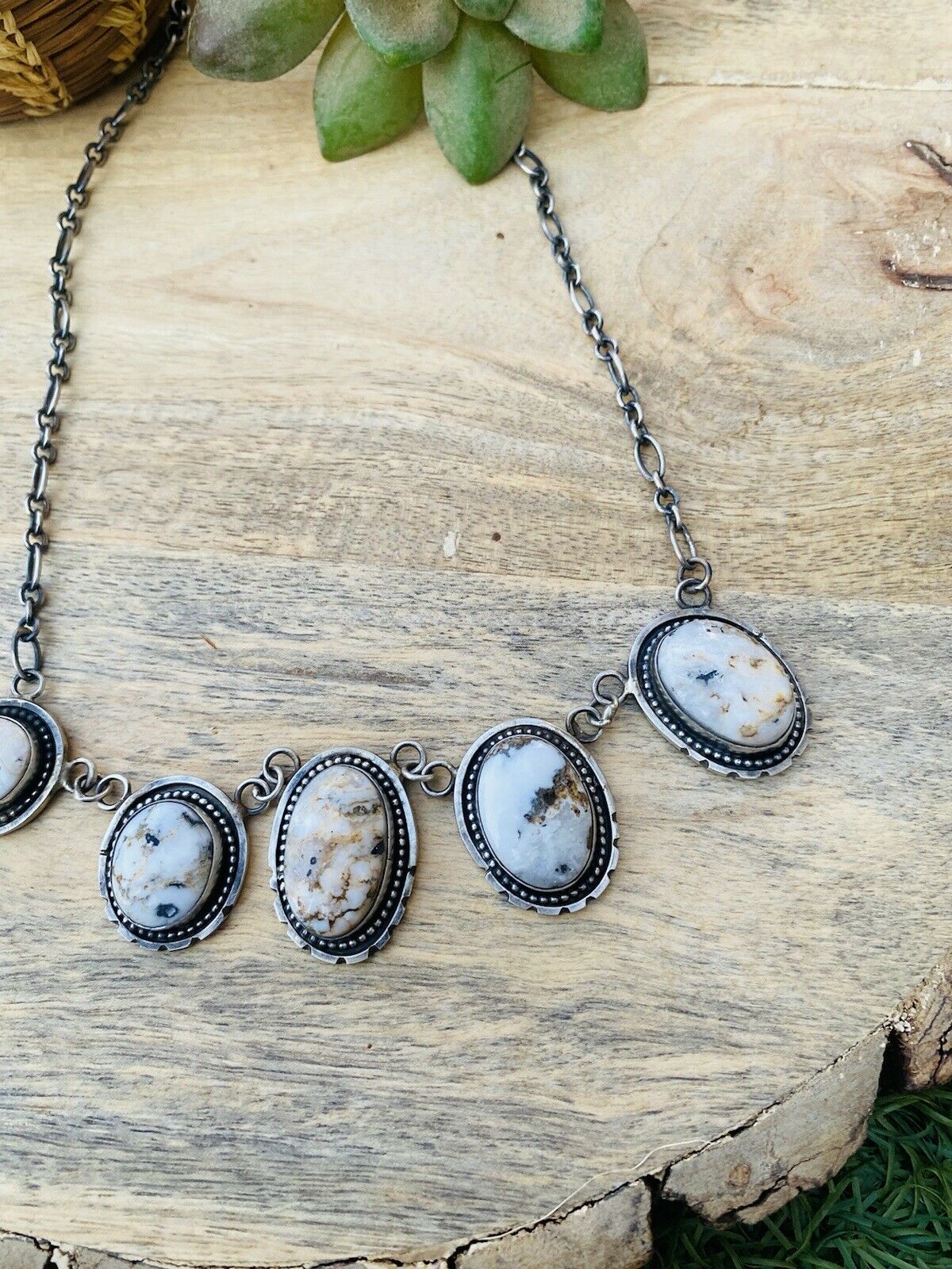 Handcrafted White Buffalo & Sterling Silver Necklace Signed