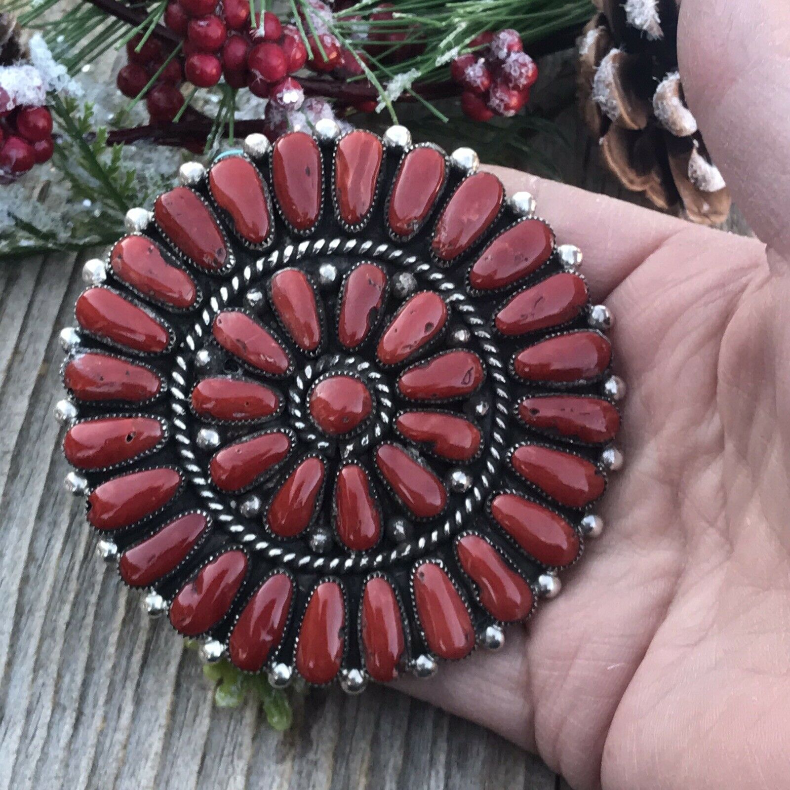 Navajo Jumbo Sterling Silver Natural Red Coral Cluster Pendant/pin Signed