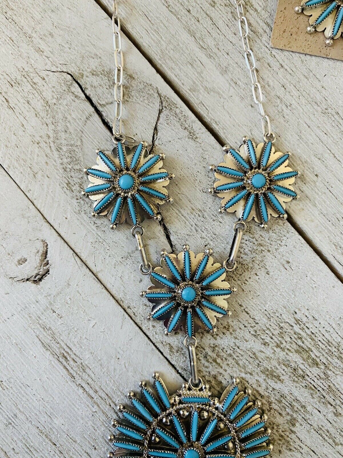 Zuni Sterling Silver & Turquoise Needlepoint Necklace & Earring Set Signed