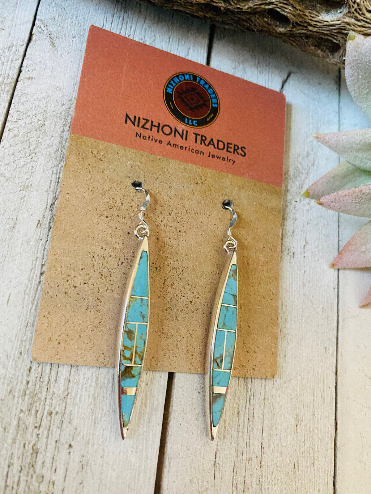 Handcrafted Number 8 Turquoise And Sterling Silver Inlay Dangle Earrings