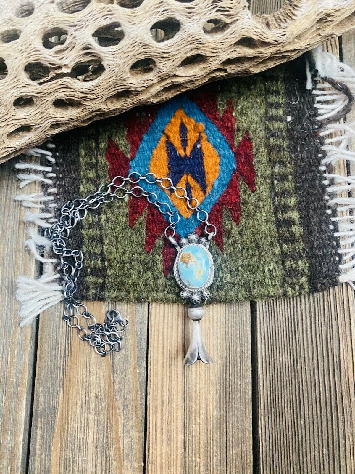 Handcrafted Sterling Silver & Royston Turquoise Blossom Necklace Signed