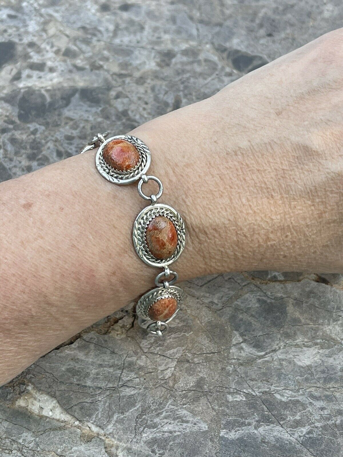 Handcrafted Rust Jasper & Sterling Silver Link Oval Southwest Bracelet