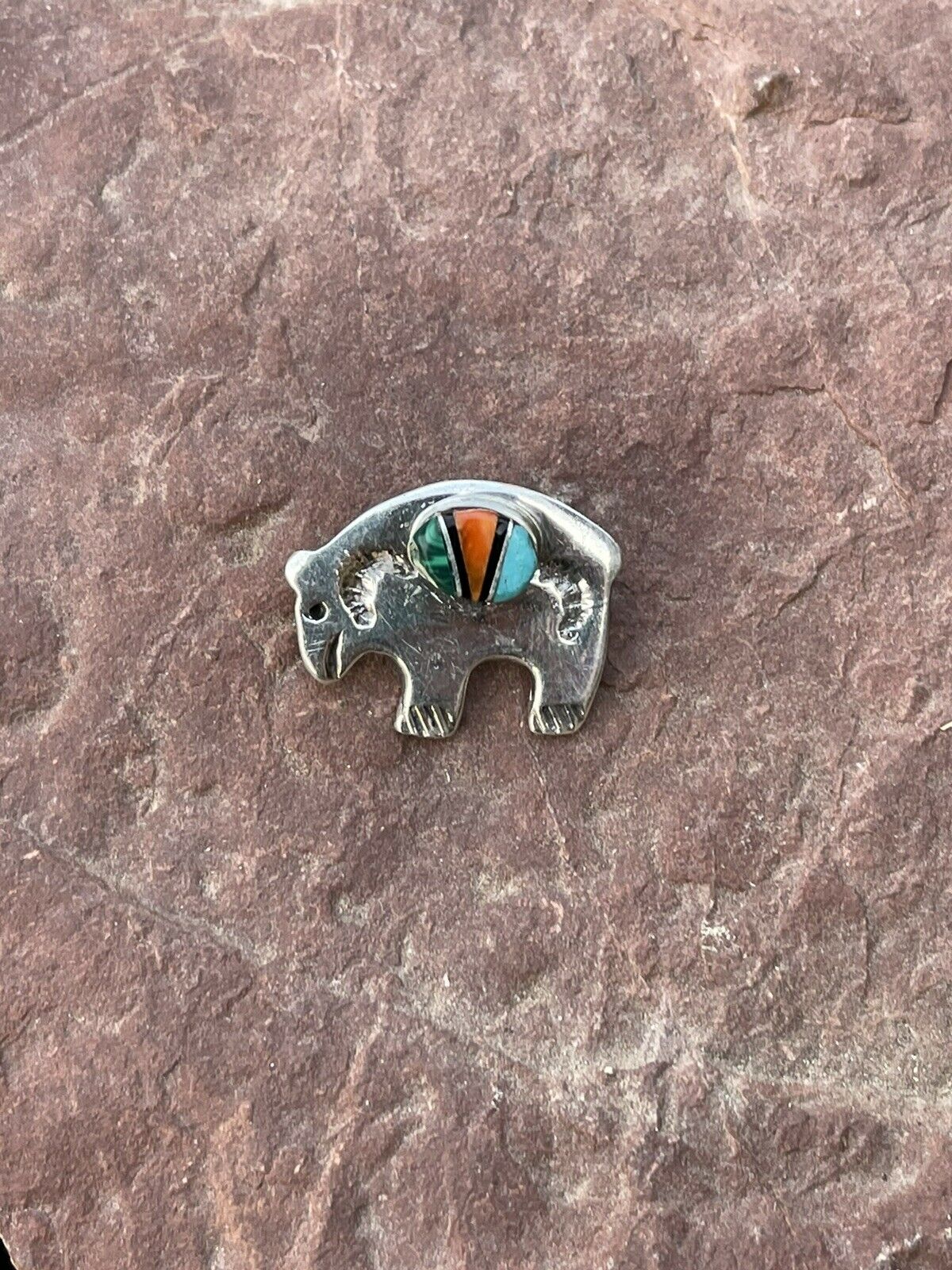Handcrafted Sterling Silver Multi Stone Buffalo Pendant Pin Signed