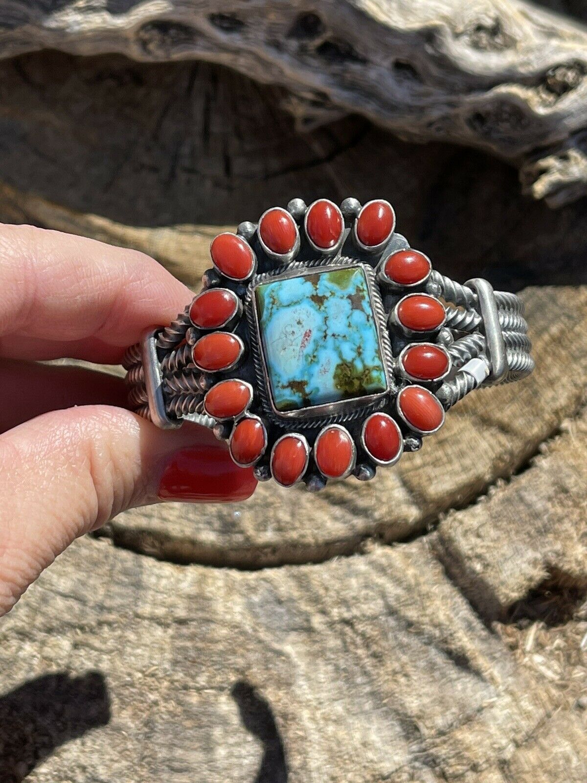 Handcrafted Sterling Kingman Web Turquoise & Red Coral Taos Bracelet Cuff B. Johnson /