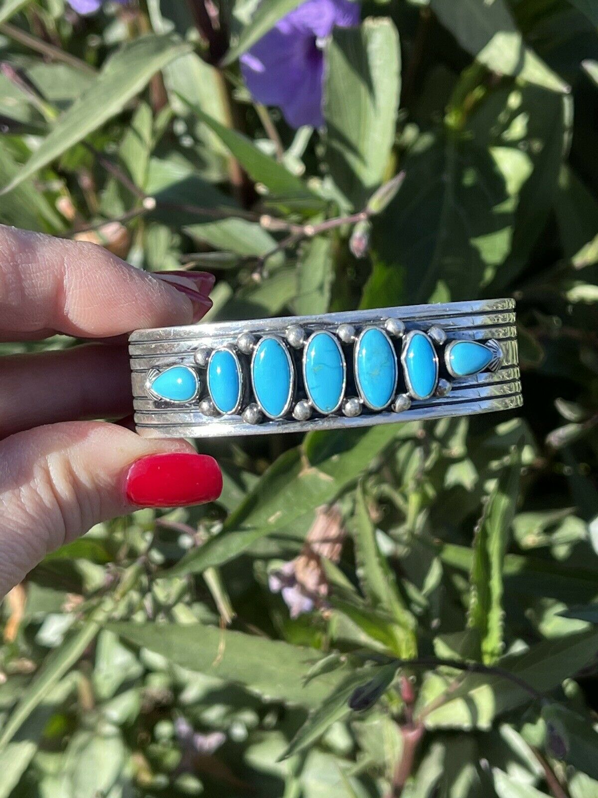 Handcrafted Sterling & Kingman Turquoise Stacker Cuff Bracelet Artist R. Bennett /