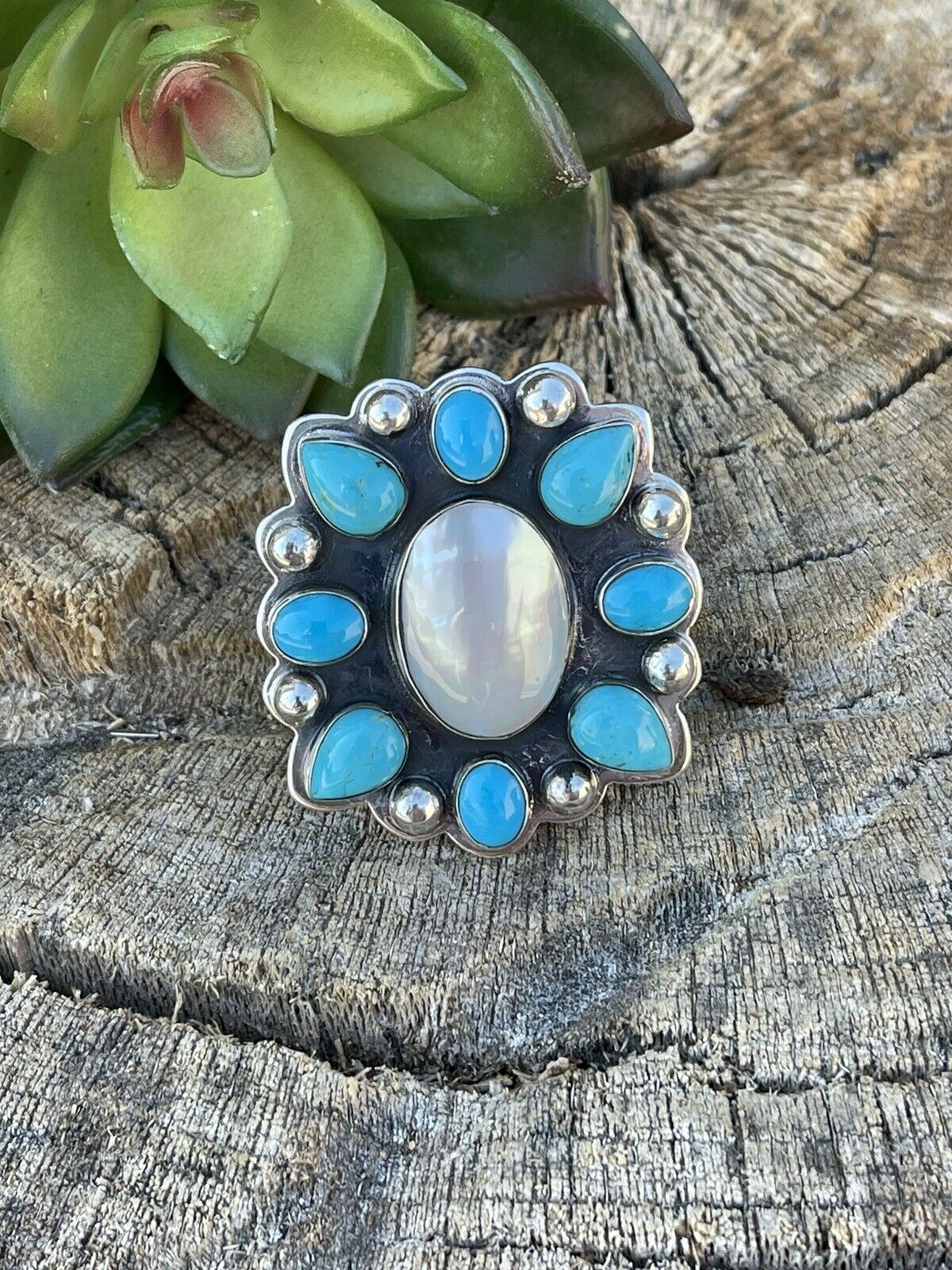Handcrafted Cluster Turquoise & Mother Of Pearl Sterling Silver Ring Sz Is Adjustable