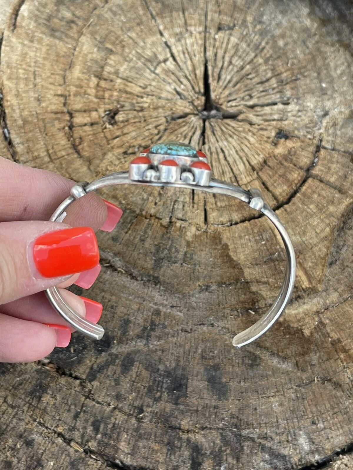 Handcrafted Sterling Silver Kingman Web Turquoise & Red Coral Taos Bracelet Cuff by Bobby Johnson /