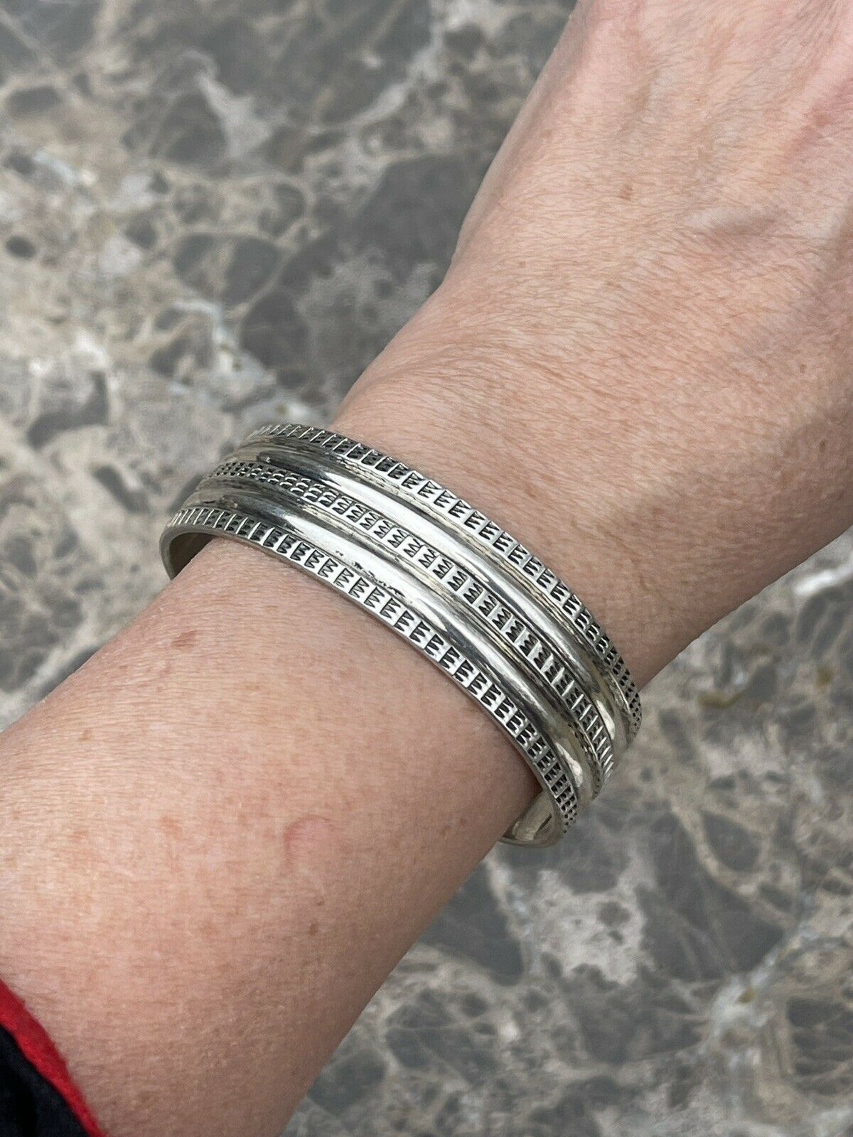 Handcrafted Sterling Silver Tribal Style Hand Stamped Bracelet Cuff Signed