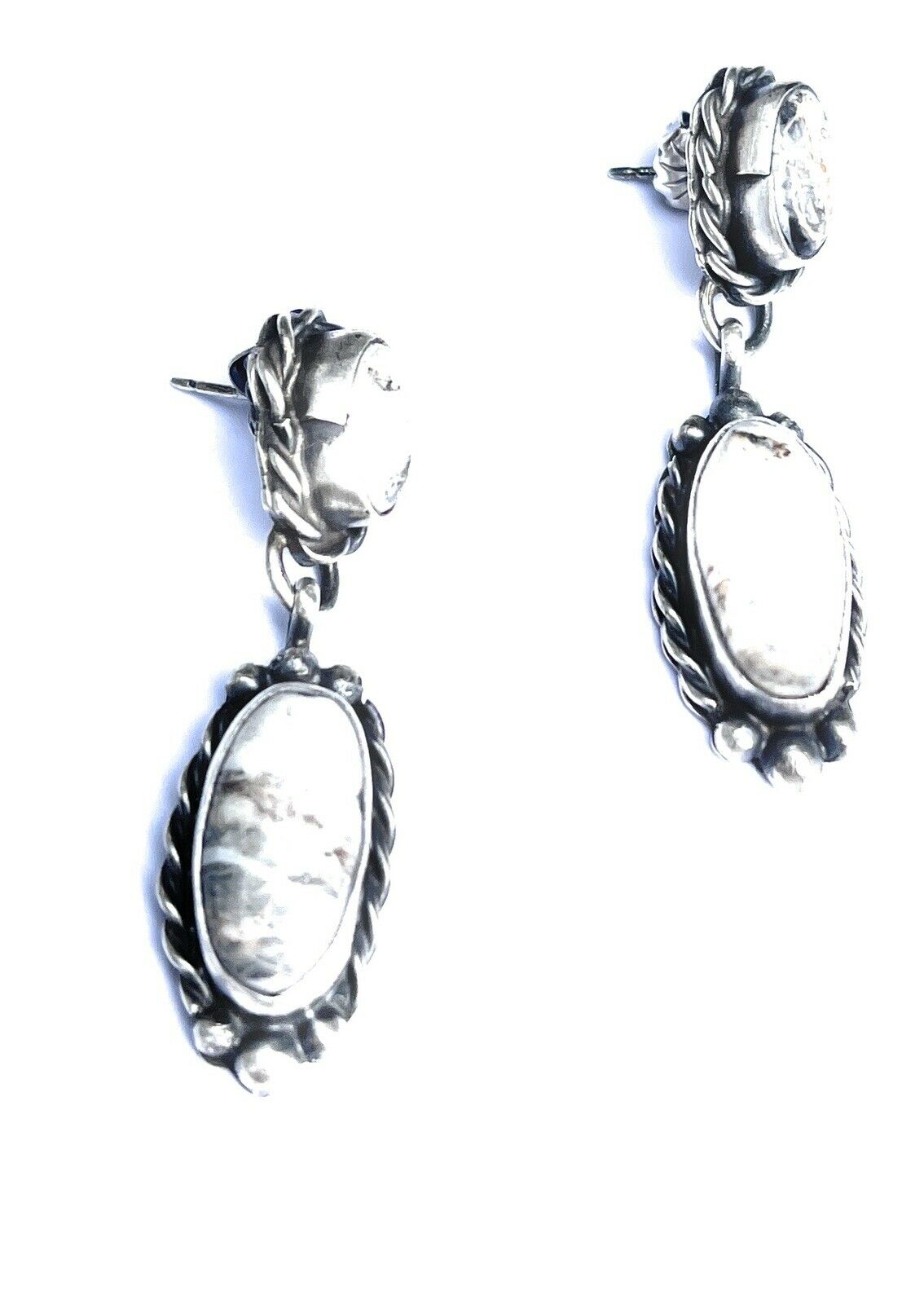 Handcrafted Sterling Silver & White Buffalo 2 Stone Rope Dangle Earrings