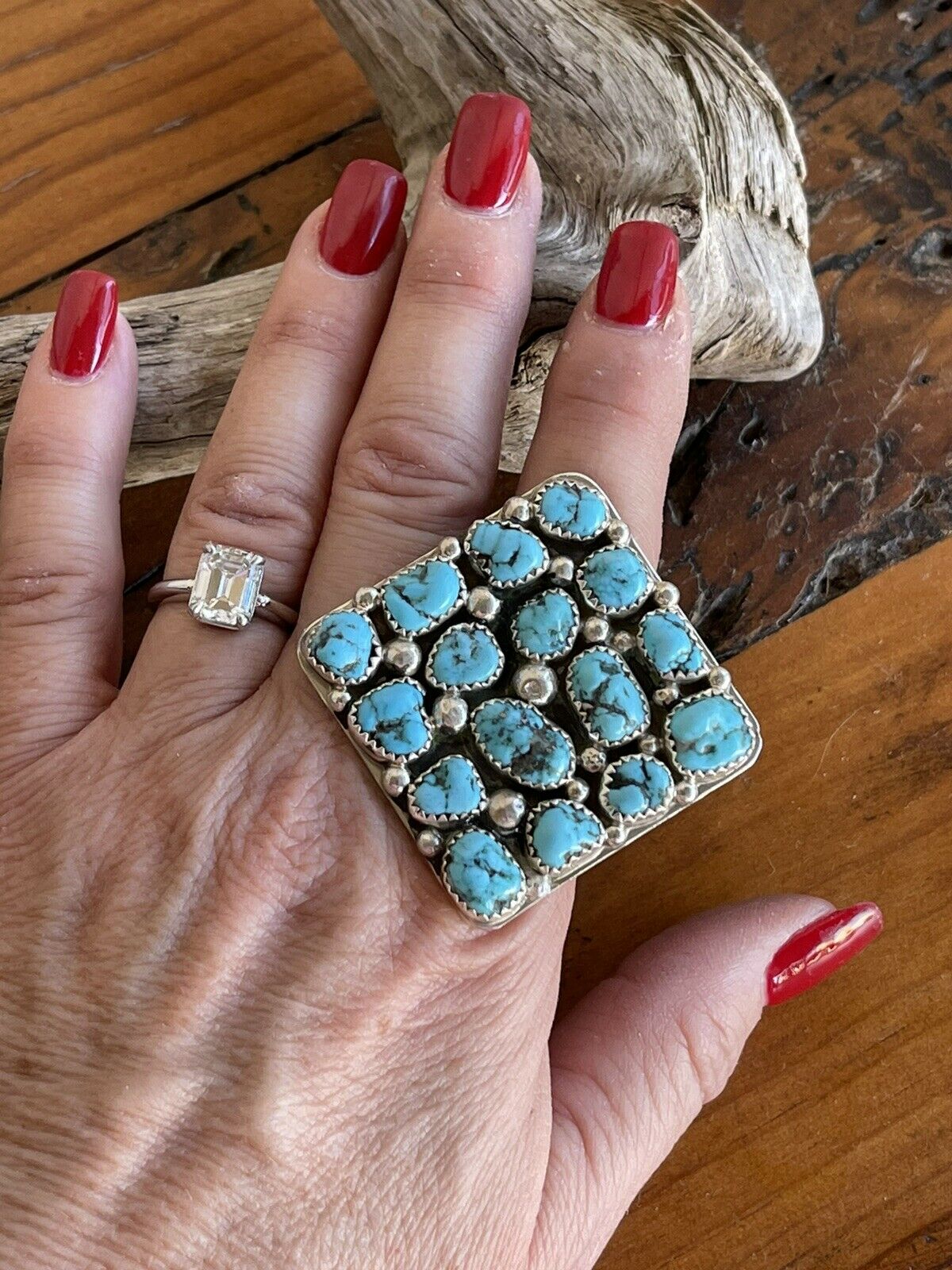 Handcrafted Sterling Silver Square Platform Kingman Turquoise Wide Band Ring Sz 9