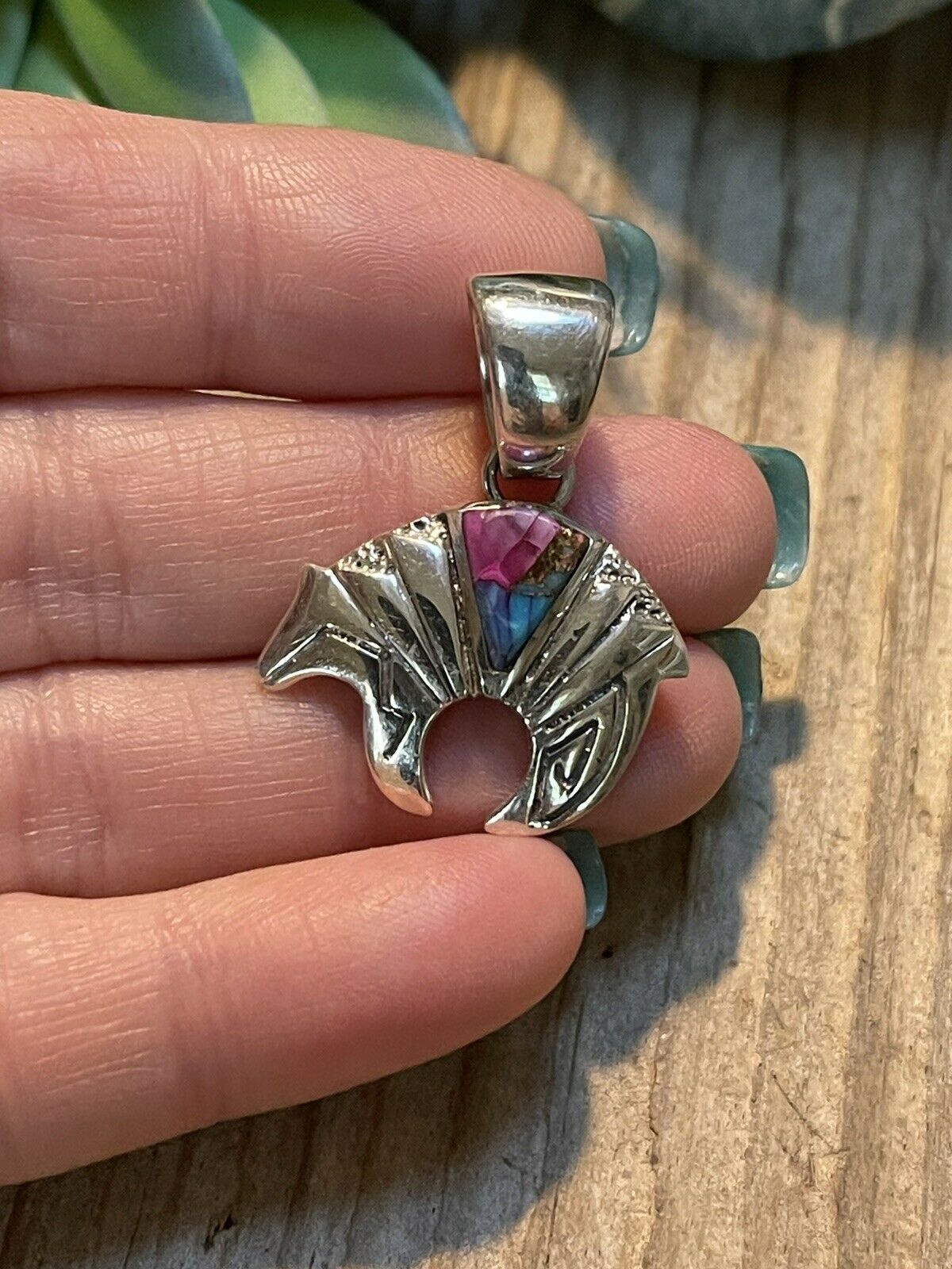 Handcrafted Pink Dream Mojave & Sterling Silver Bear Pendant