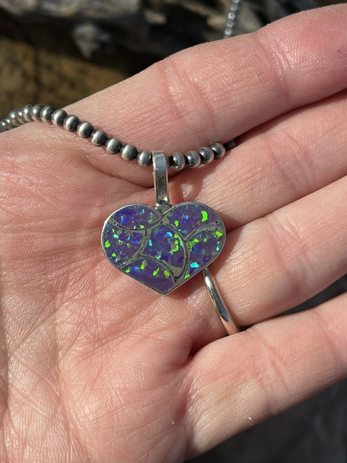 Handcrafted Iridescent Green Opal & Sterling Silver Heart Pendant