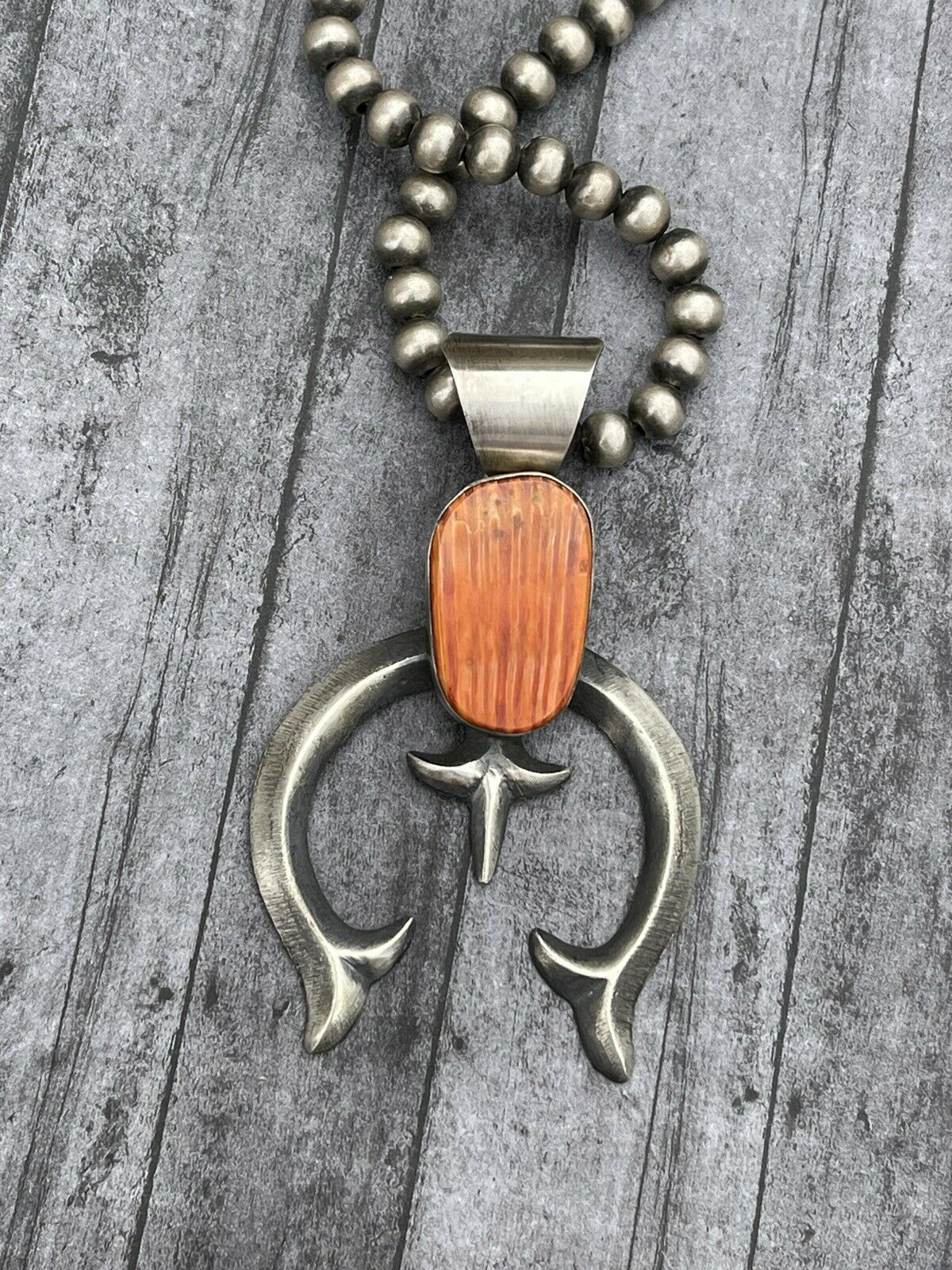 Handcrafted Chimney Butte Orange Spiny & Sterling Silver Naja Pendant Signed